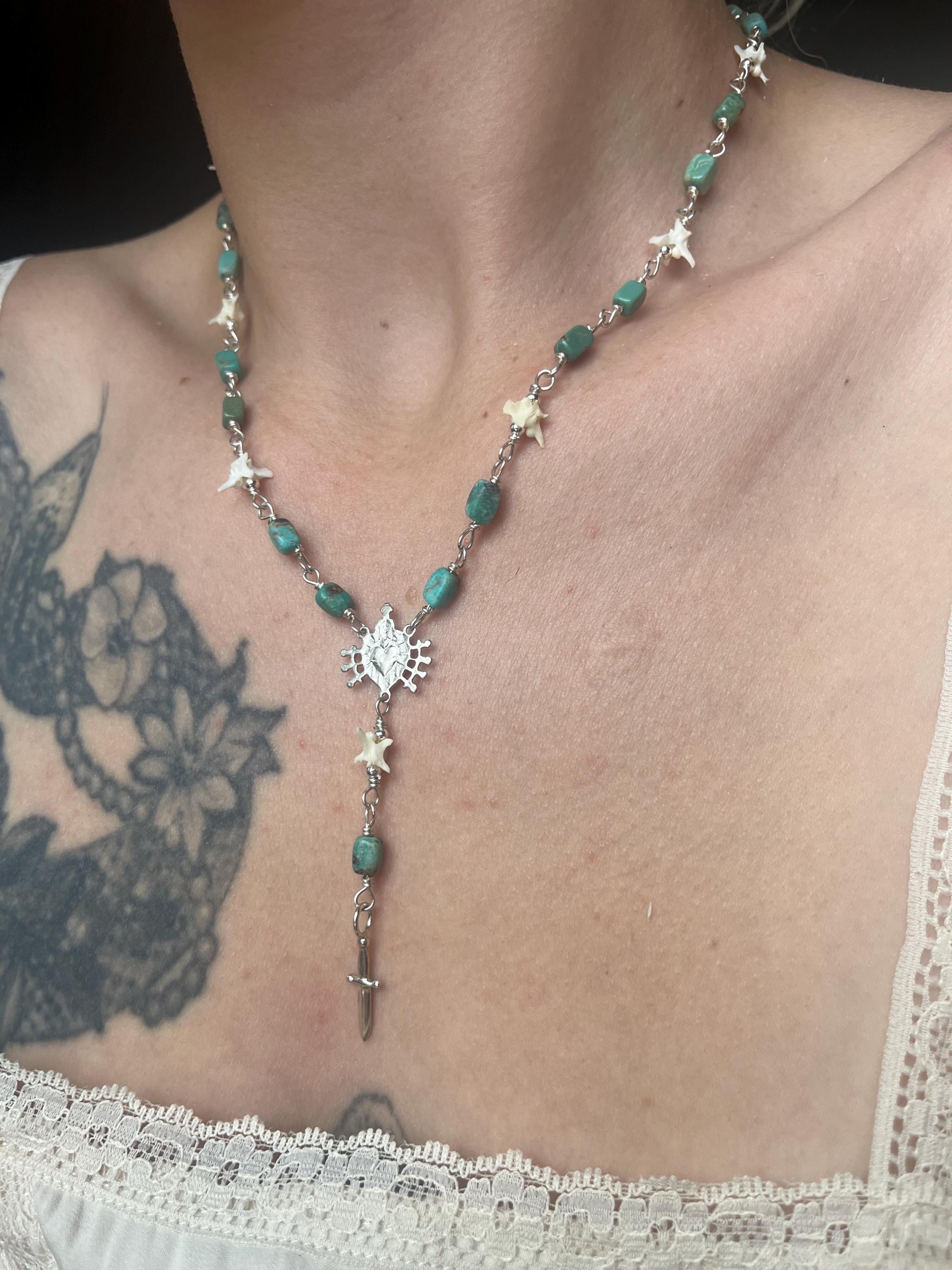 Kingman Turquoise and Rattlesnake Vertebrae Rosary Necklace – Sterling Silver Sacred Heart & Dagger Lariat – 17-18.5”