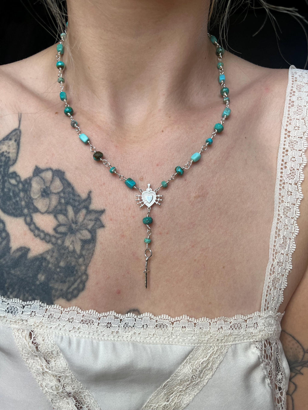 Kingman Turquoise Rosary Necklace – Sterling Silver Sacred Heart & Dagger Lariat – 18–19.5”