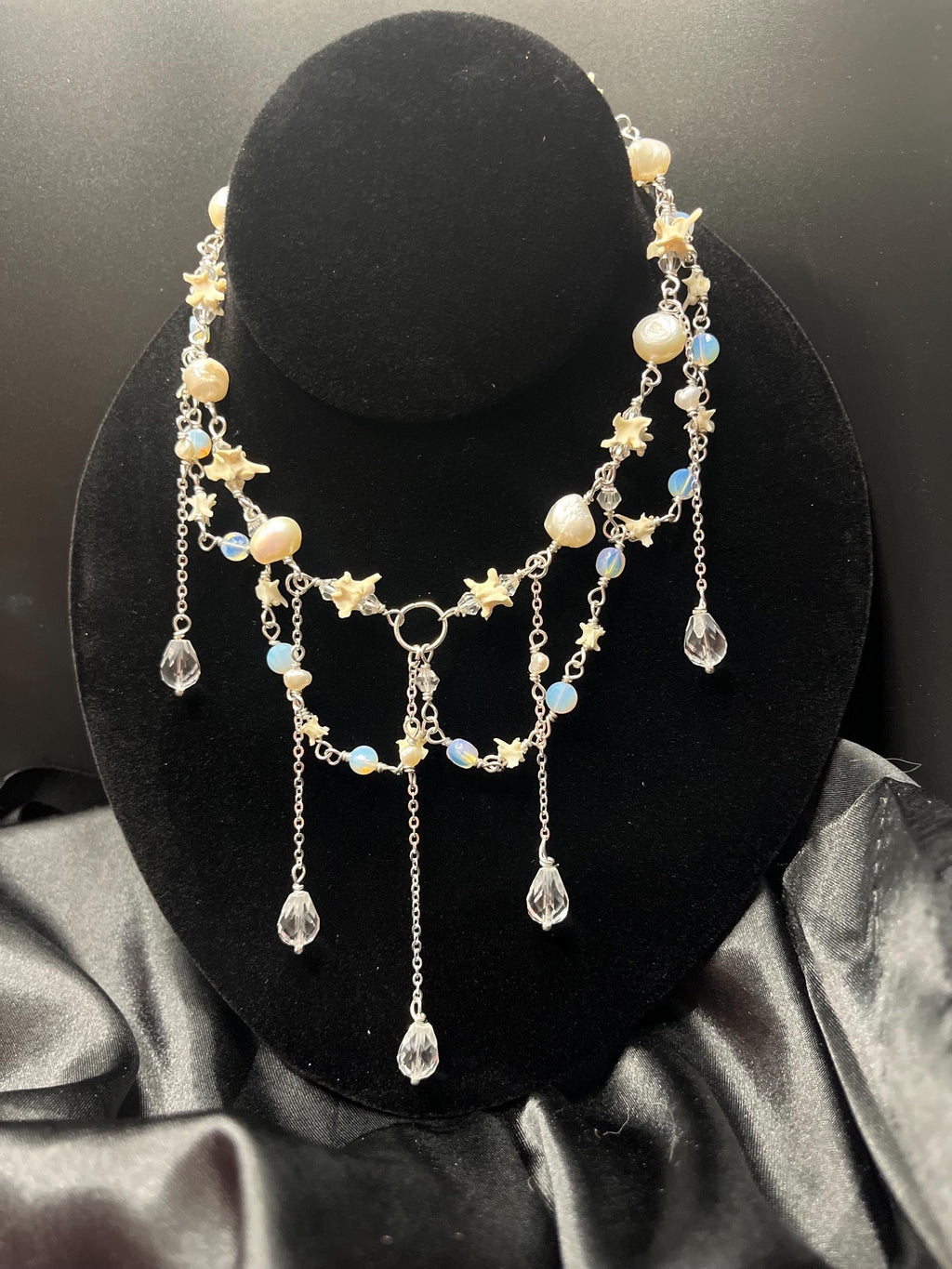 Opalite & Crystal Necklace – Freshwater Pearl, Rattlesnake Bone, Sterling Silver Draped Choker – 13–15”