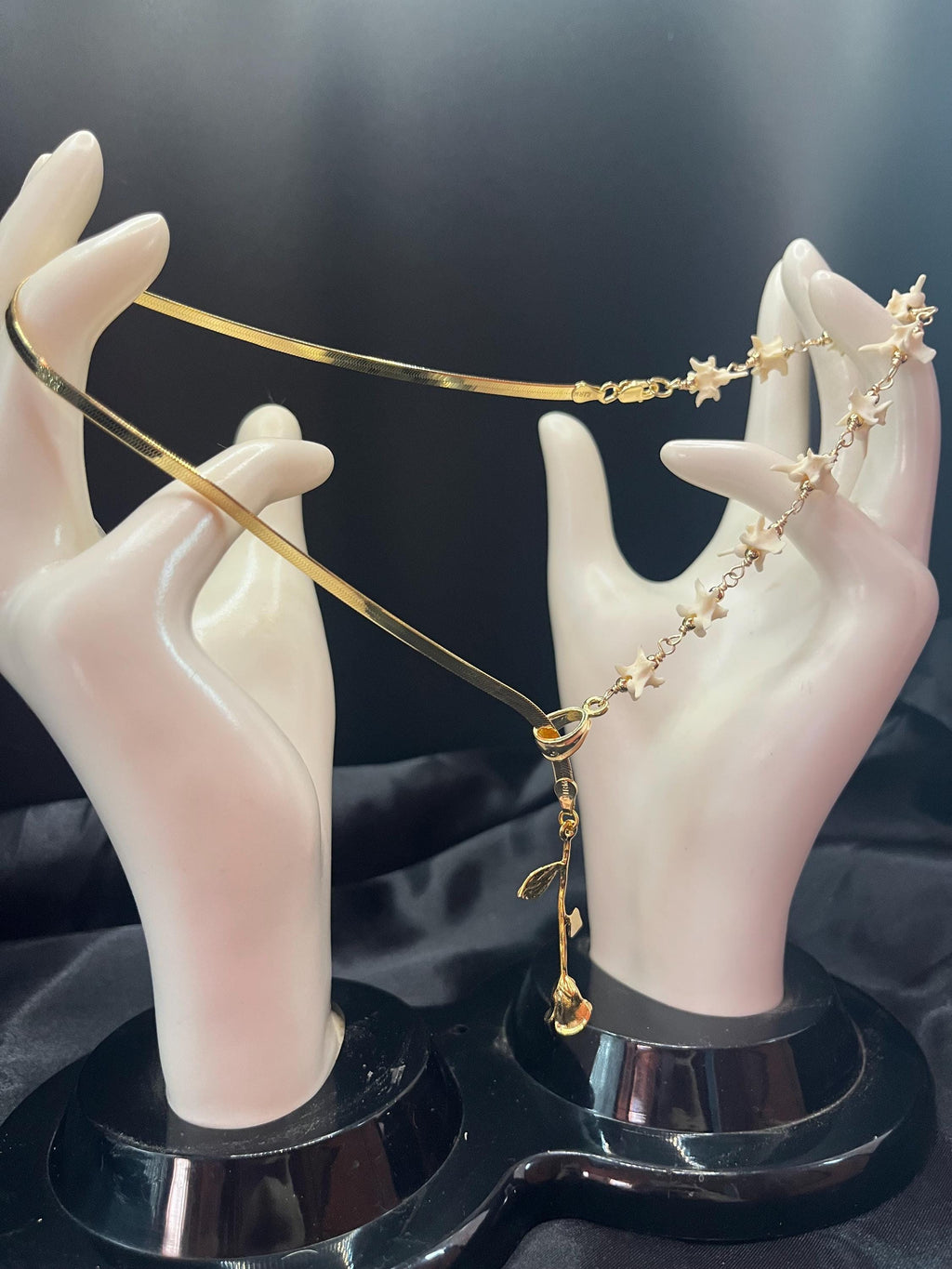 Rose Bone Lariat Necklace | Gold Plated Sterling Herringbone Chain | Rattlesnake Vertebrae | 19”