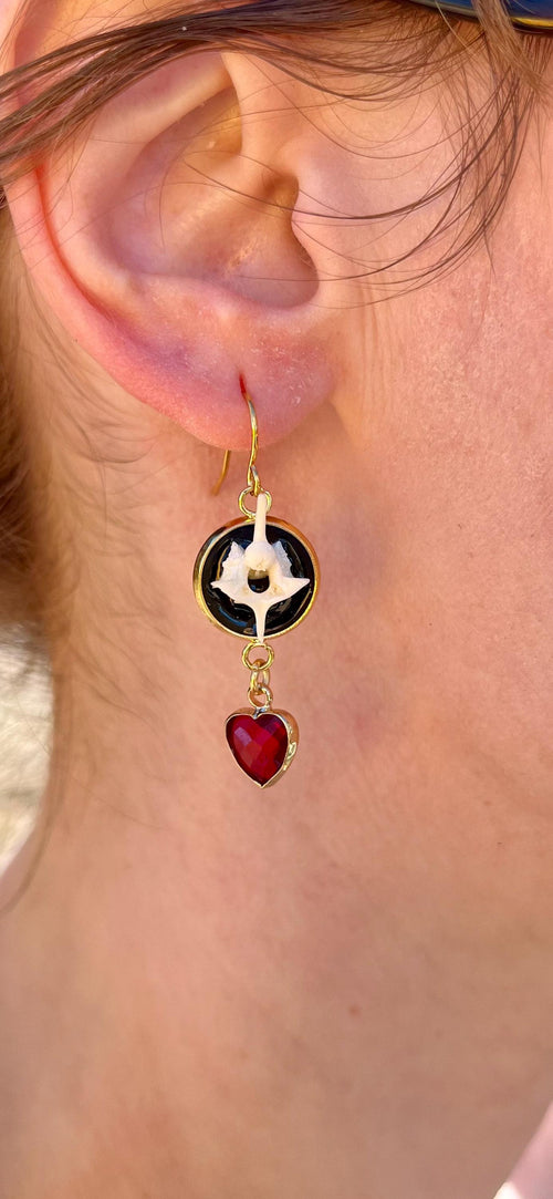 Enamel Snake Vertebrae Earrings | Gold Plated or Stainless Steel | Crystal Heart Drop | Hypoallergenic