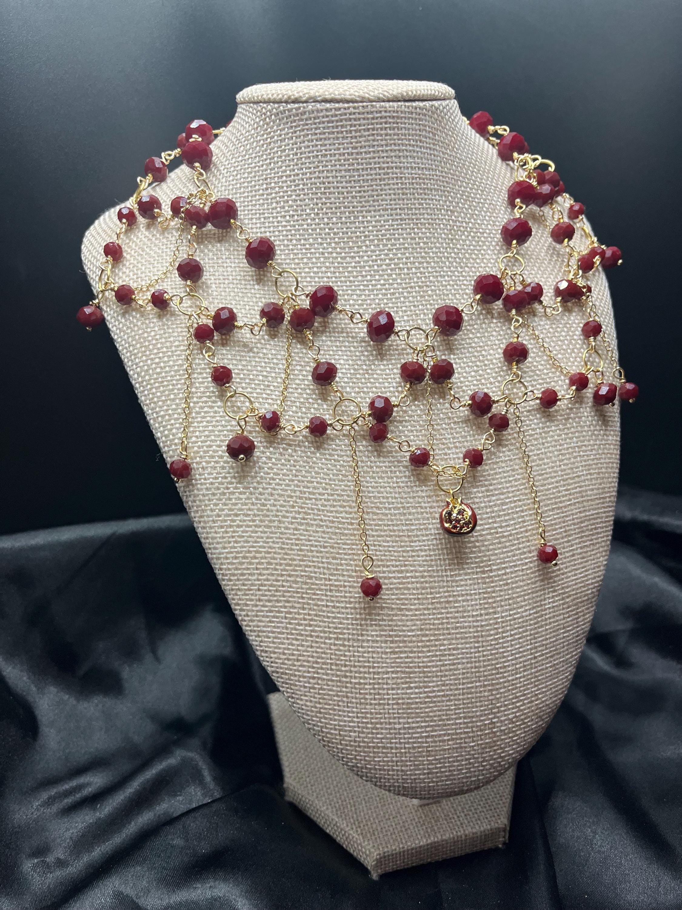 Queen of the Damned- Blood Red Crystal Draped Necklace with Pomegranate Charm, 18k Gold-Plated, 14–16”