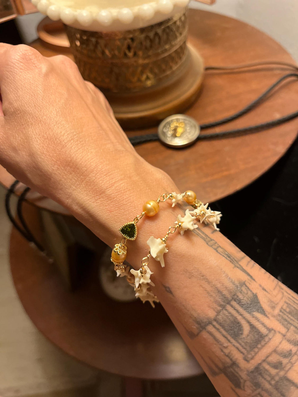 Pink Pearl, Green Bezel-Set Gem & Rattlesnake Vertebrae Bracelet – 18k Gold-Plated