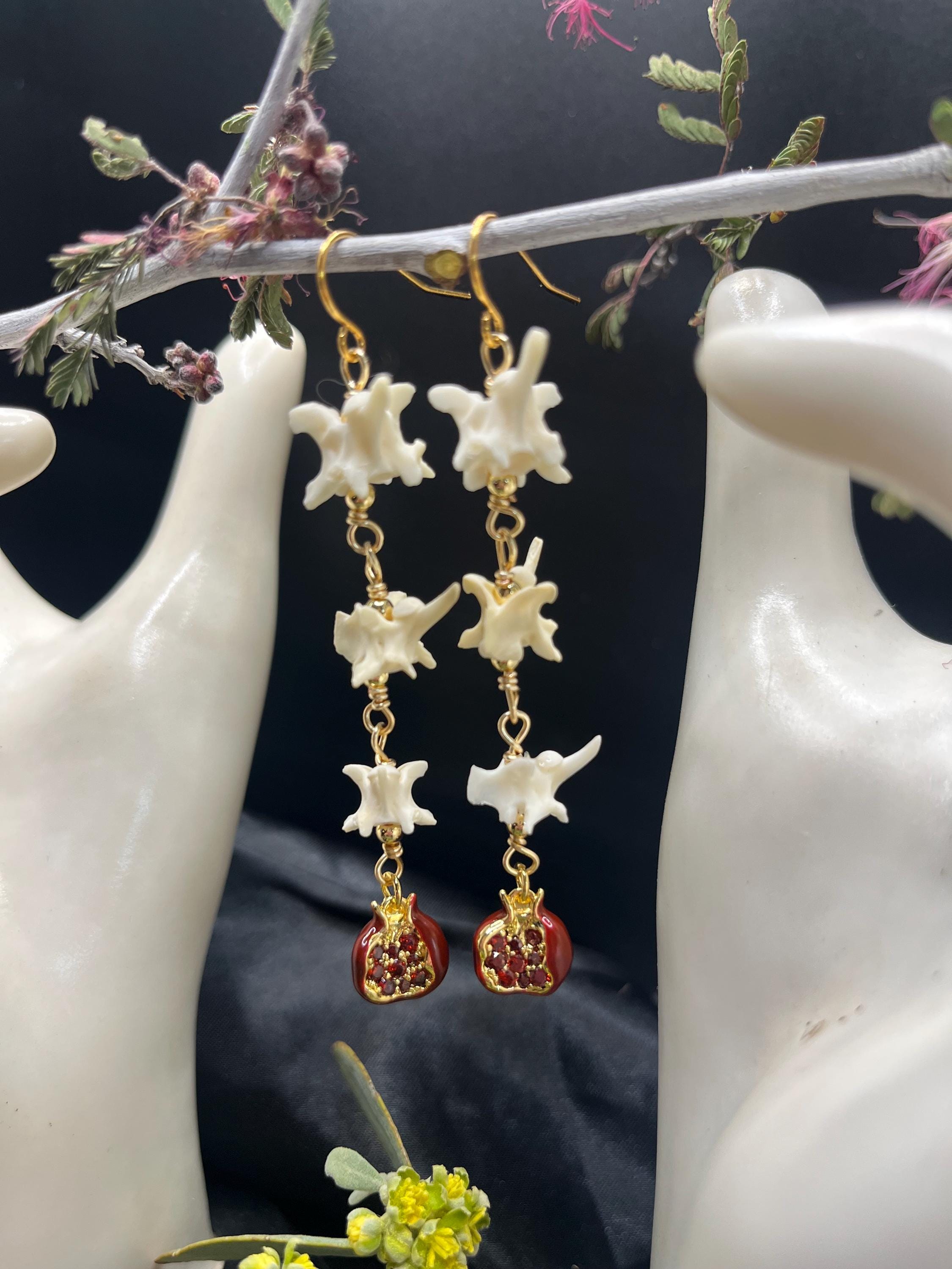 Garden of Eden Rattlesnake Vertebrae & Pomegranate Earrings, 3”
