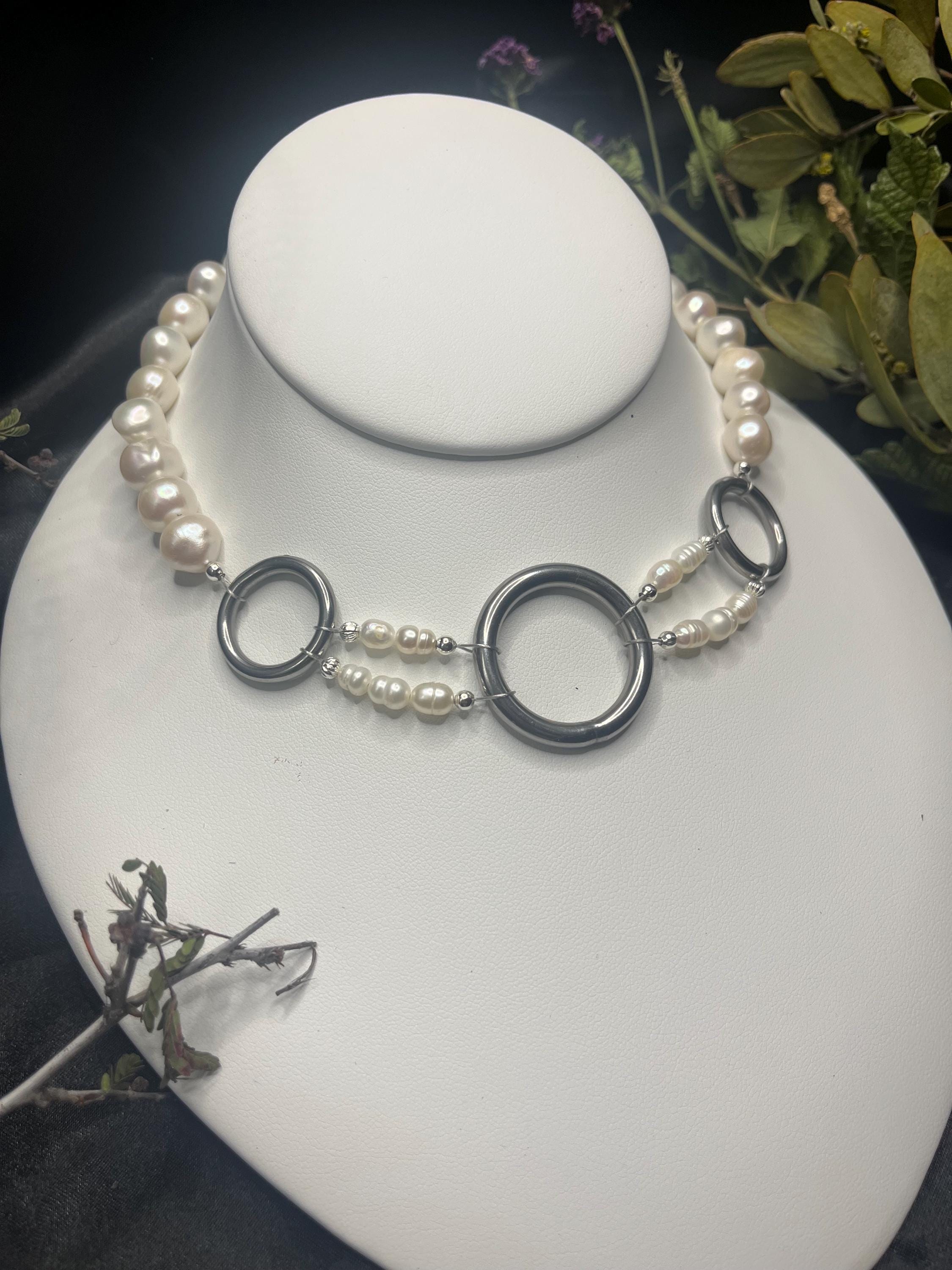 Freshwater Pearl Choker Necklace with Stainless Steel Hoops | Adjustable 14.5–16.5”