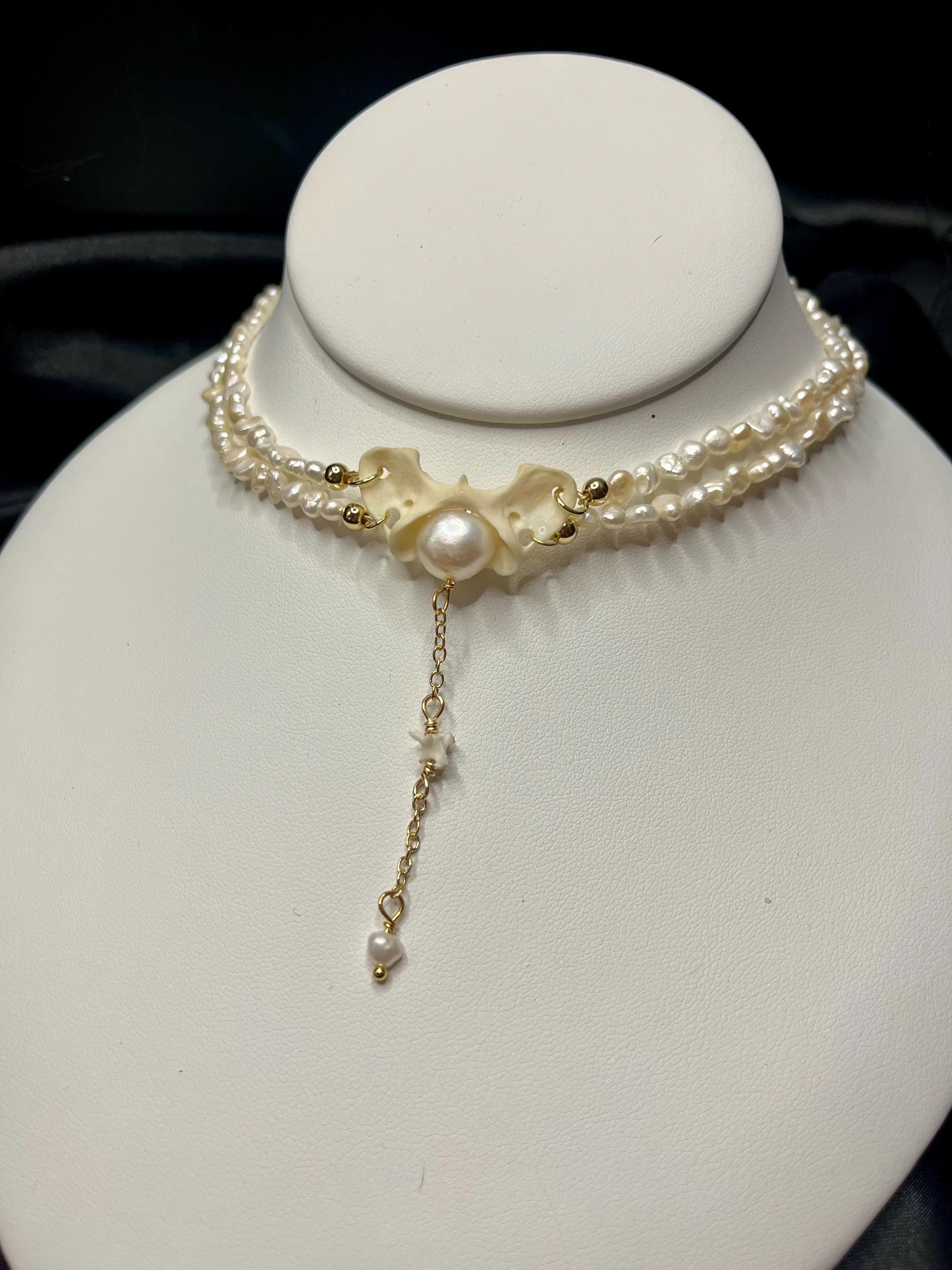 Fox Atlas Bone & Pearl Double Strand Choker – Sterling Silver – Rattlesnake Vertebrae Accent