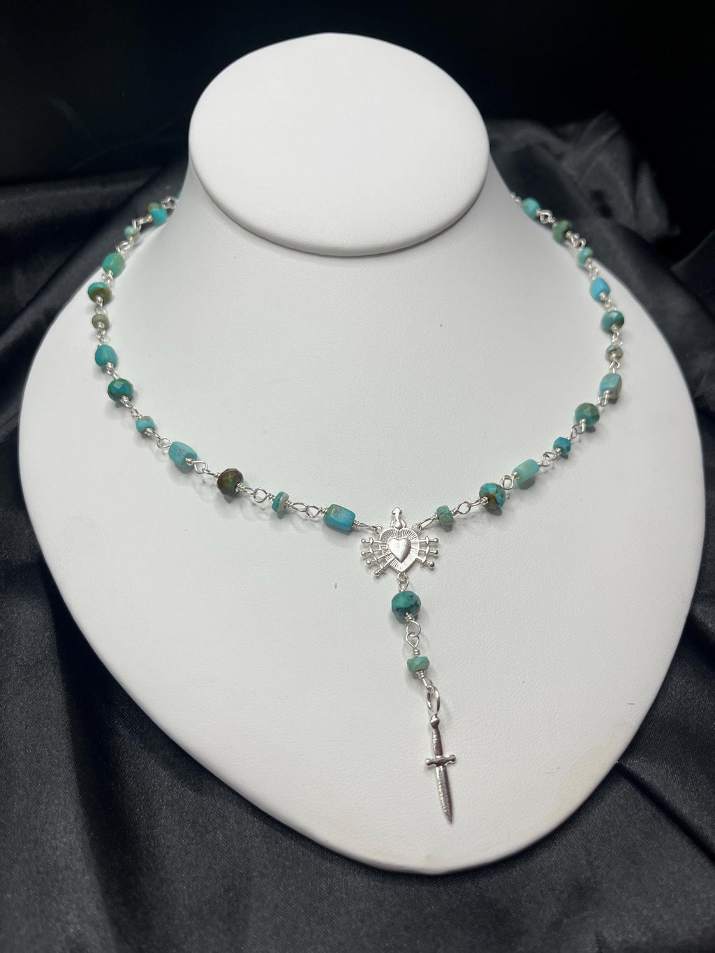 Kingman Turquoise Rosary Necklace – Sterling Silver Sacred Heart & Dagger Lariat – 18–19.5”