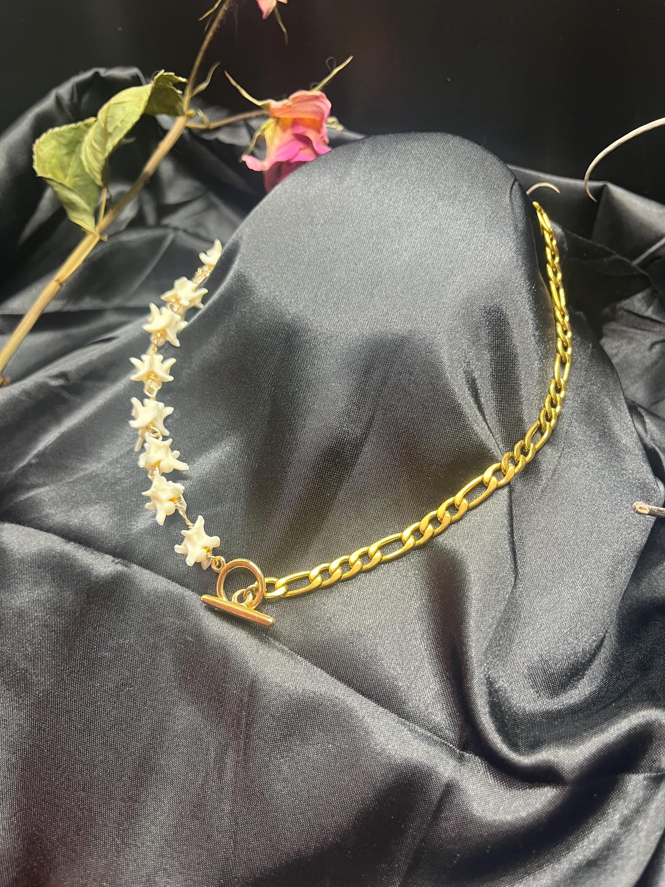 Real Rattlesnake Vertebrae Necklace • Gold Plated Figaro Chain • Western Bone Jewelry • Toggle Front Closure