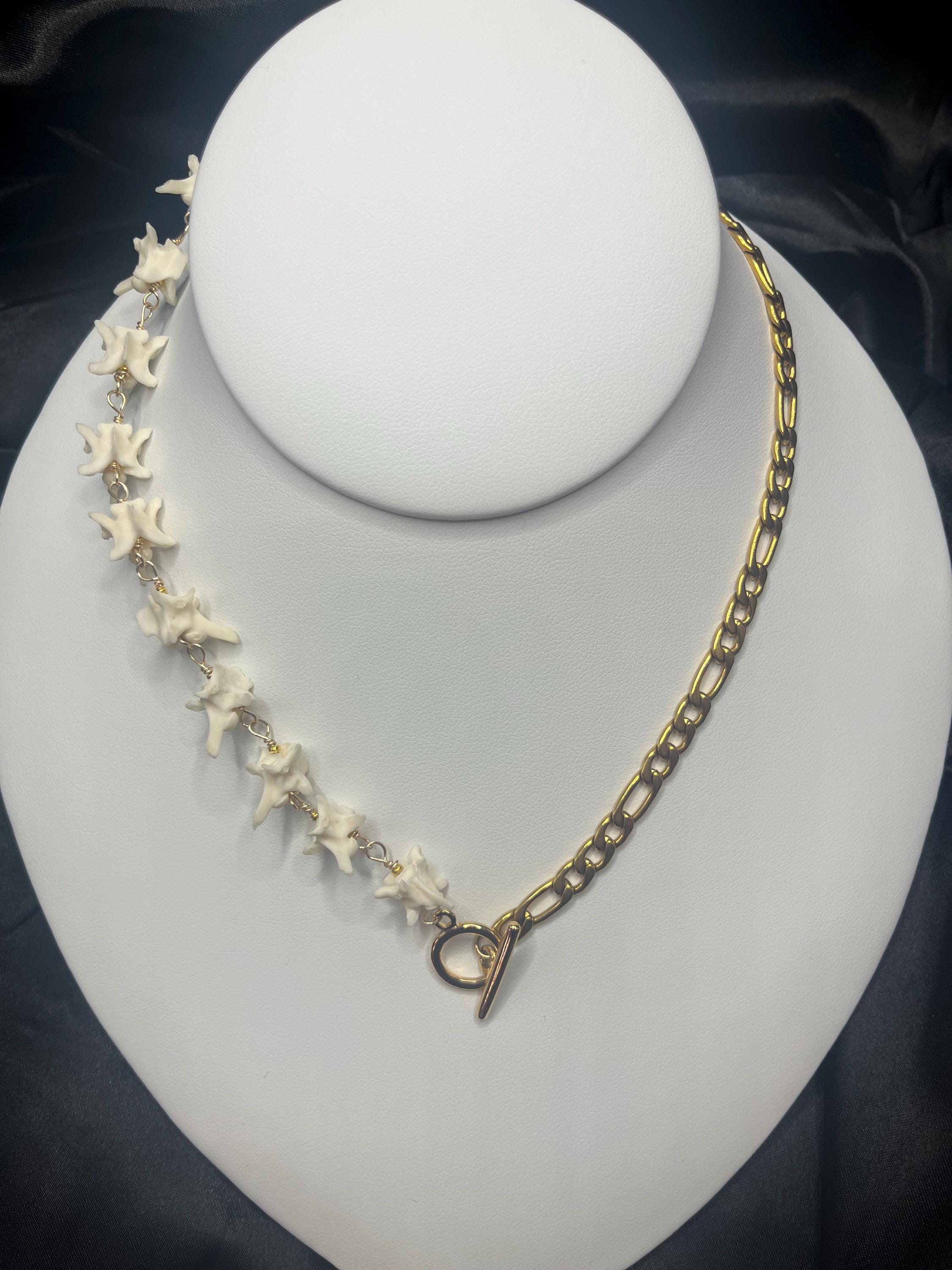 Real Rattlesnake Vertebrae Necklace • Gold Plated Figaro Chain • Western Bone Jewelry • Toggle Front Closure