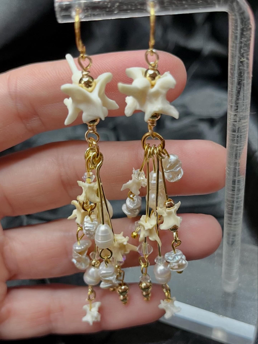 Snake Vertebrae & Pearl Dangle Earrings | Crystal Accent | 3”