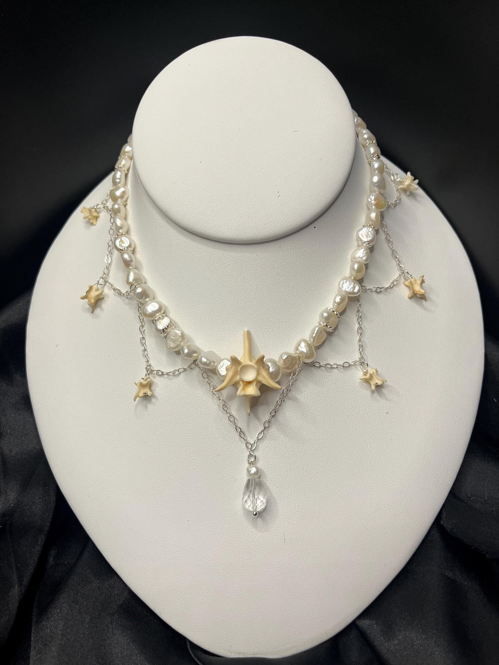 Freshwater Pearl & Rattlesnake Vertebrae Necklace – Sterling Silver Chain, Adjustable 13.75–15”