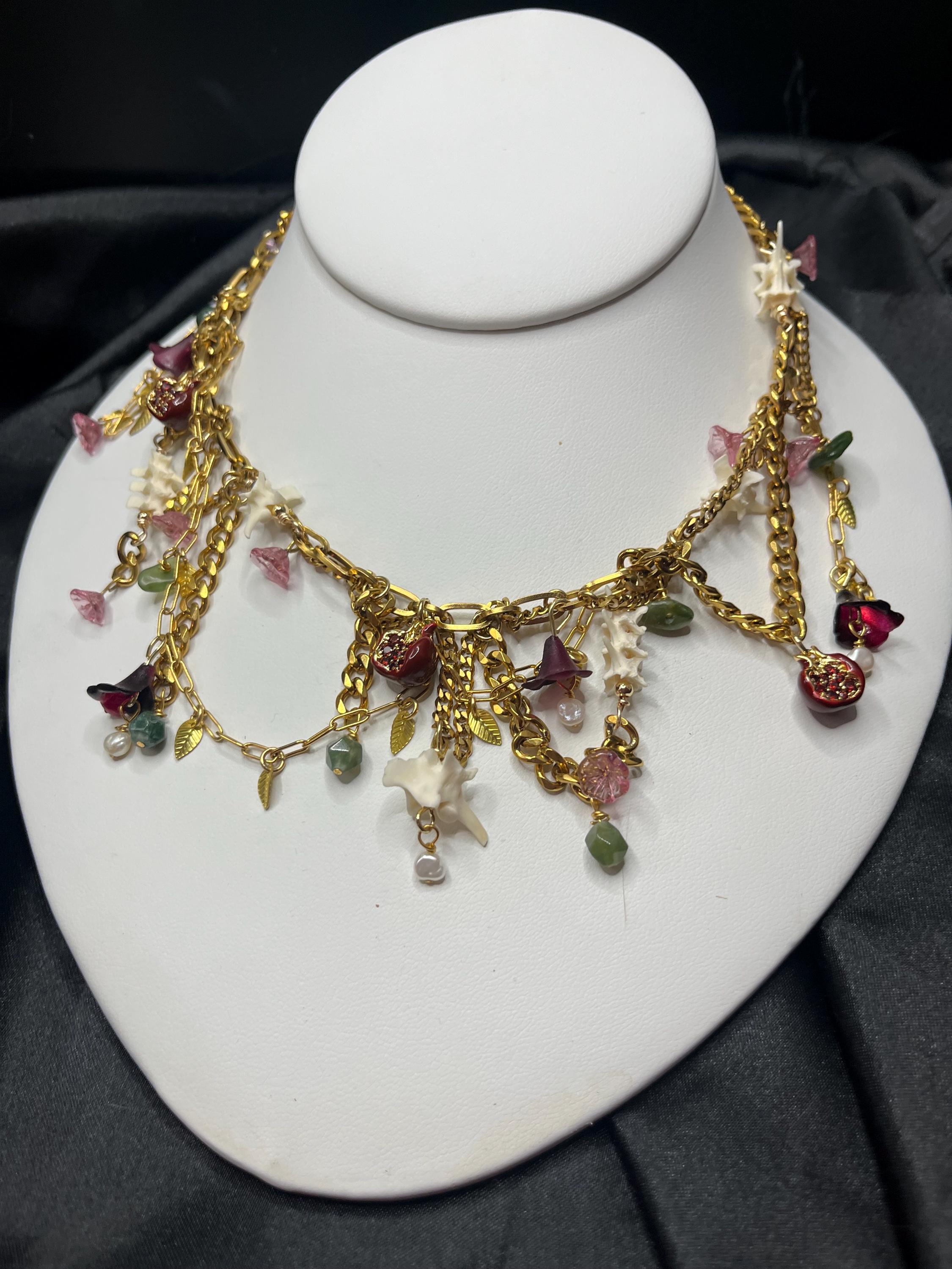 Garden of Eden Necklace – Jade, Tourmaline, Pearl, Rattlesnake Bone, Opalite, Pomegranate Charms – Draped Gold Chain – 15–17”