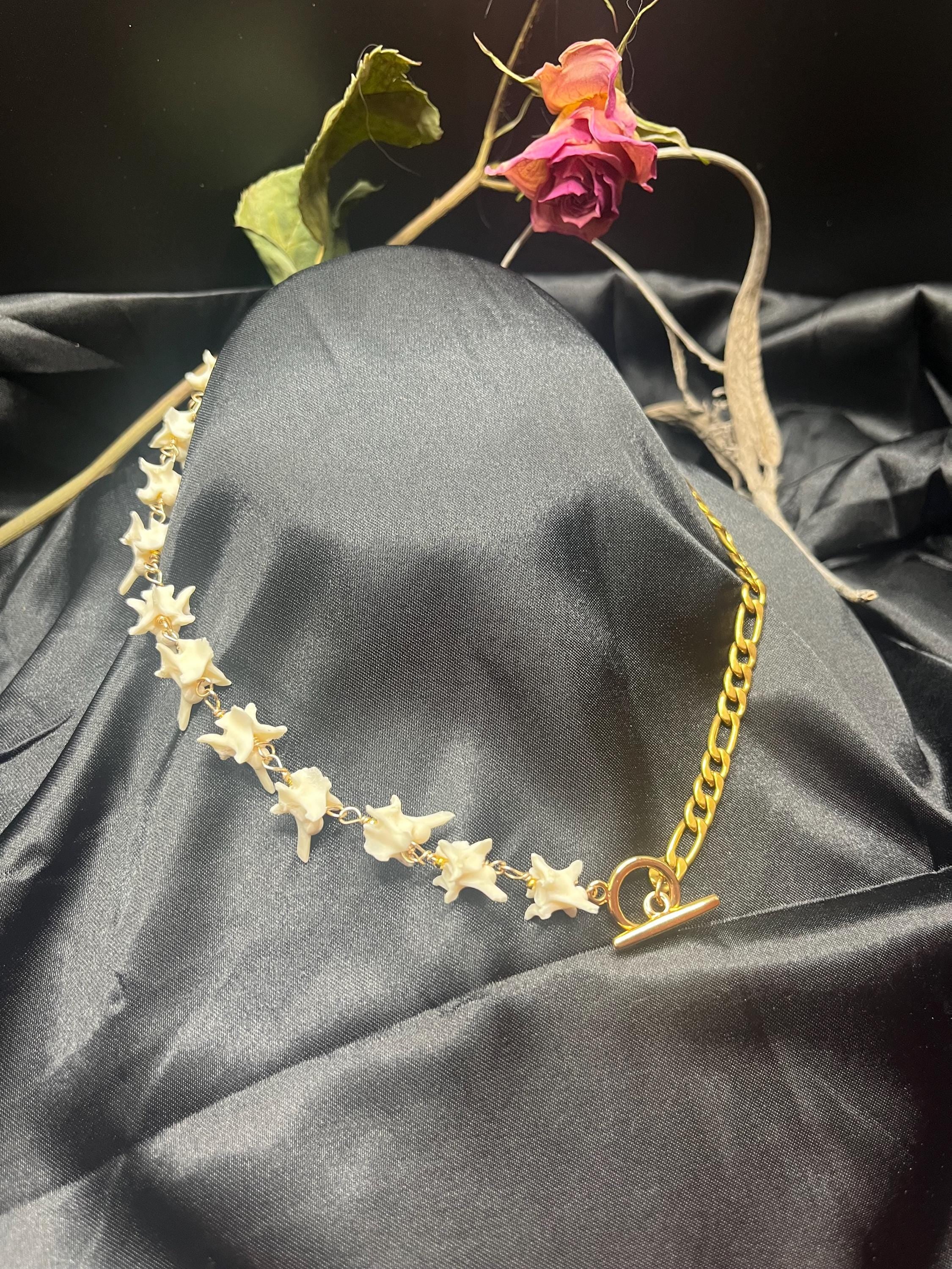 Real Rattlesnake Vertebrae Necklace • Gold Plated Figaro Chain • Western Bone Jewelry • Toggle Front Closure