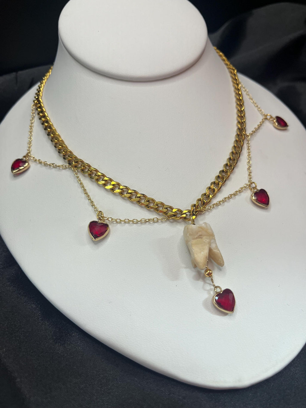 Human Tooth Necklace | Gold Plated Chain | Red Crystal Heart Charms | 16”