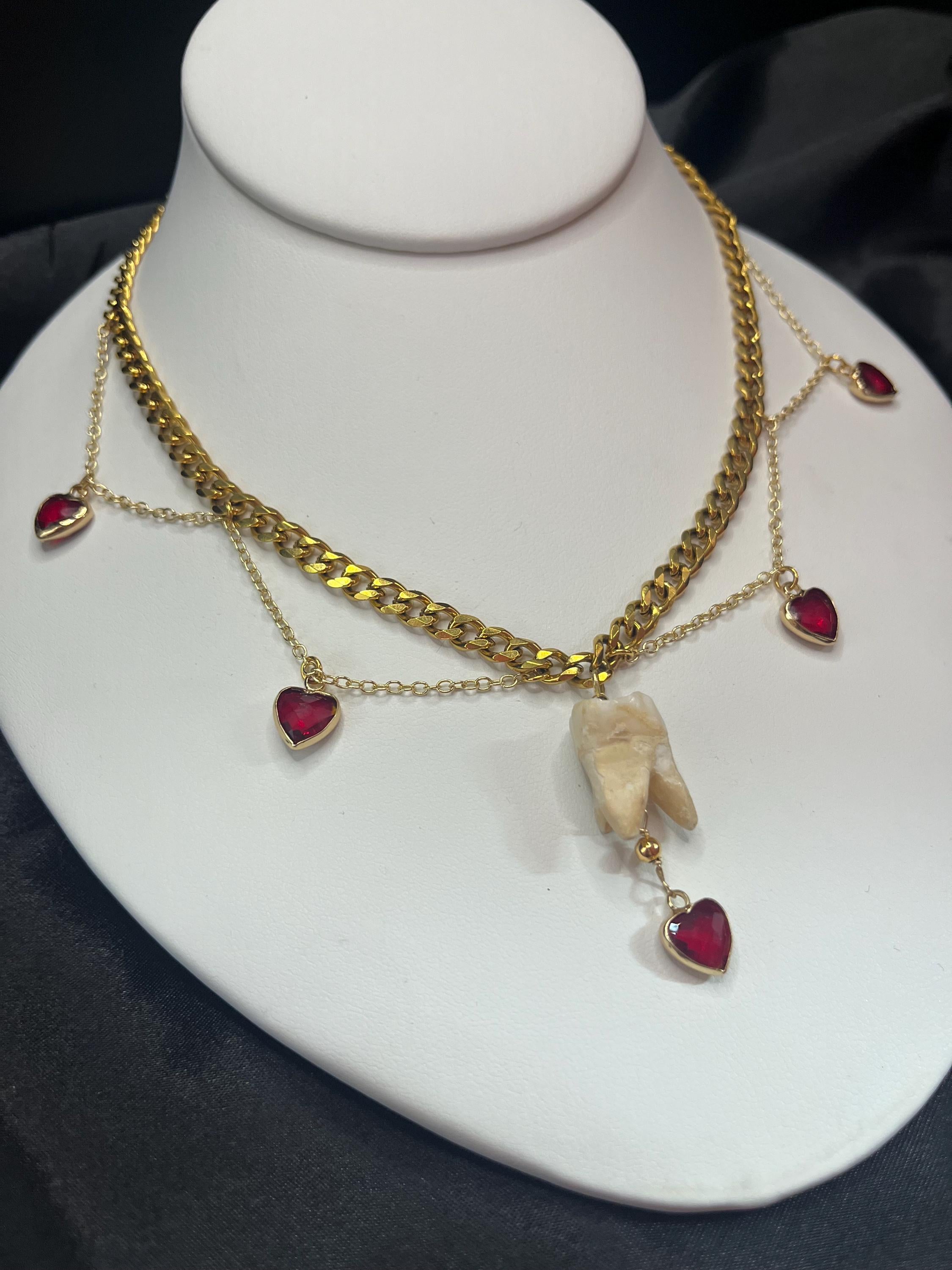 Human Tooth Necklace | Gold Plated Chain | Red Crystal Heart Charms | 16”