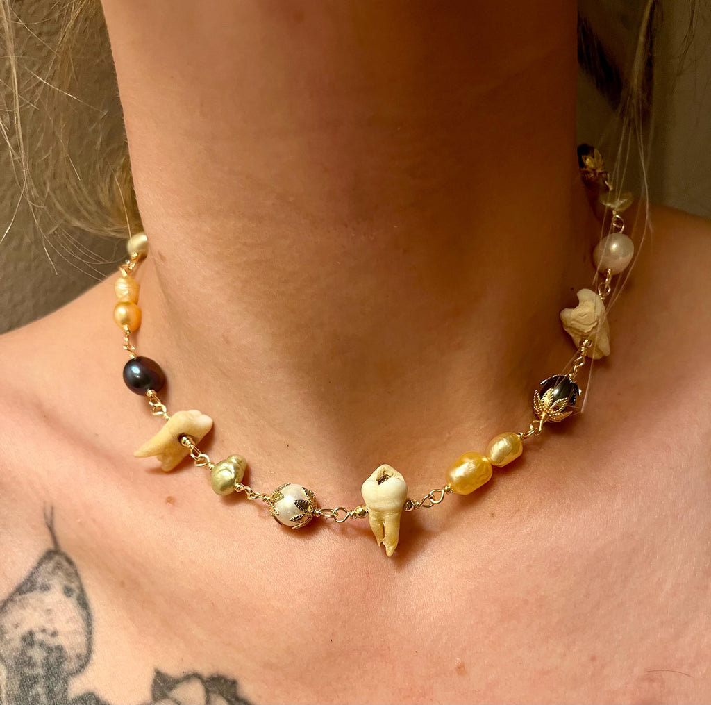 Mixed Freshwater Pearl Necklace with Three Human Teeth, 15”