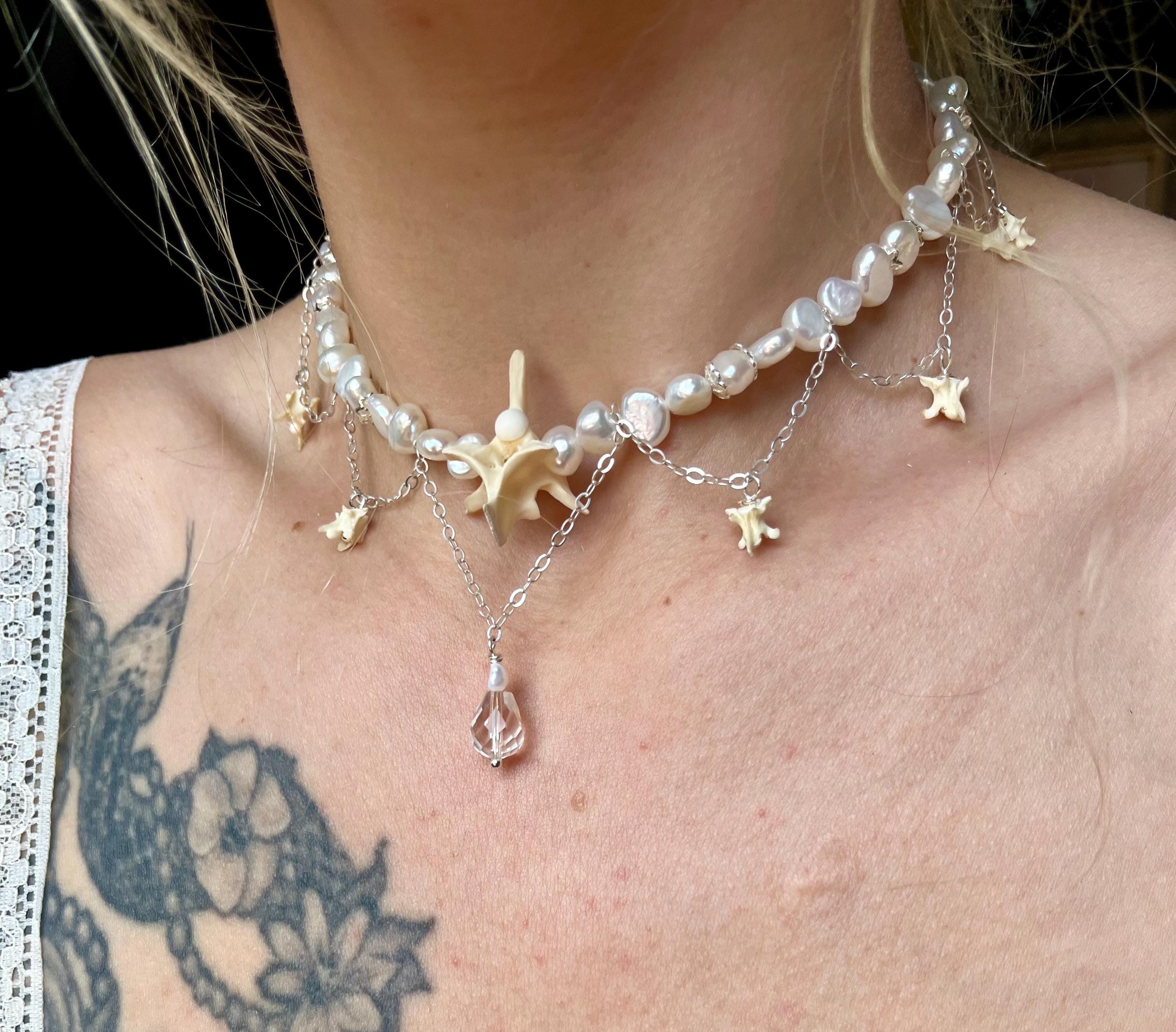Freshwater Pearl & Rattlesnake Vertebrae Necklace – Sterling Silver Chain, Adjustable 13.75–15”