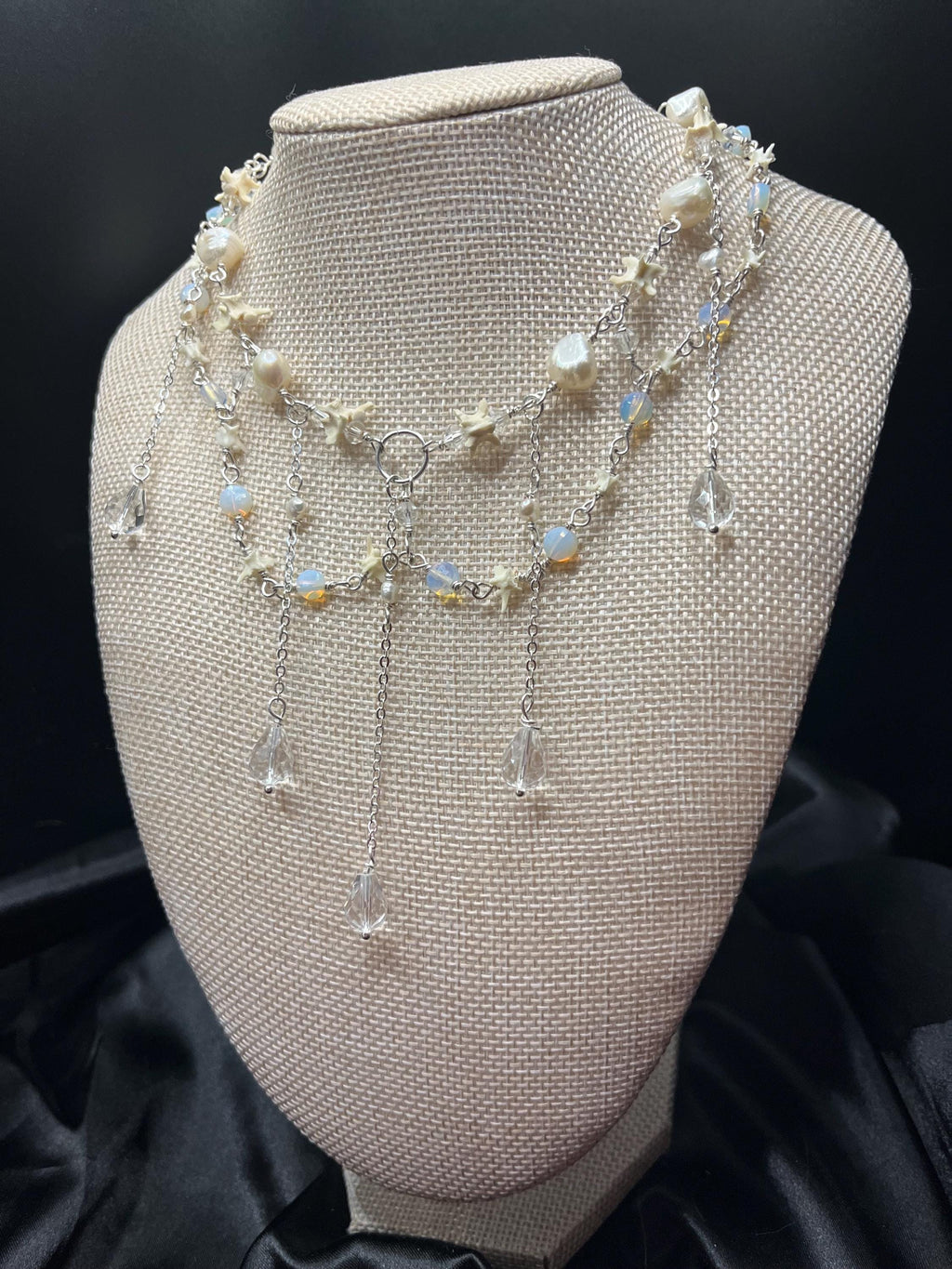Opalite & Crystal Necklace – Freshwater Pearl, Rattlesnake Bone, Sterling Silver Draped Choker – 13–15”
