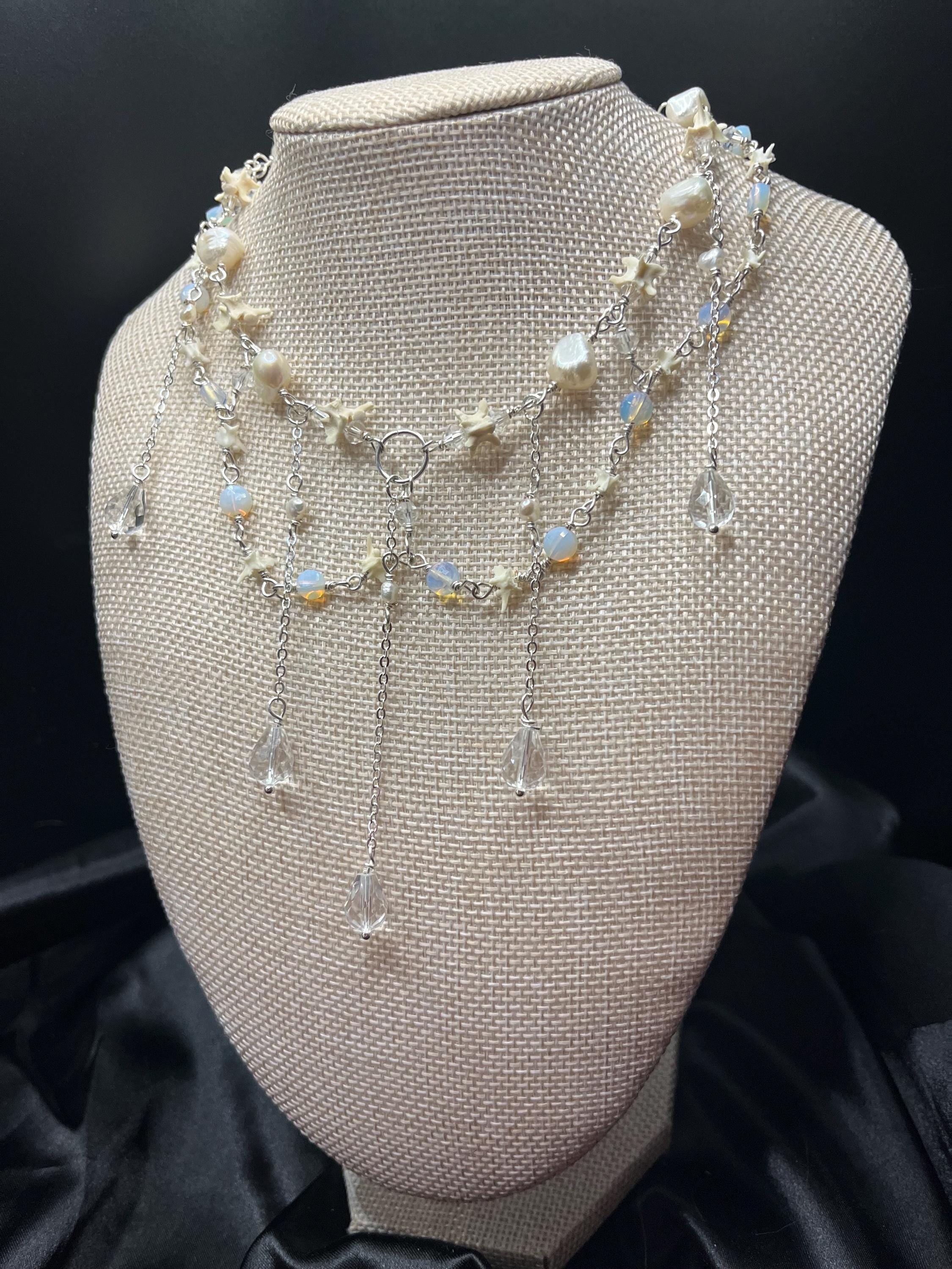 Opalite & Crystal Necklace – Freshwater Pearl, Rattlesnake Bone, Sterling Silver Draped Choker – 13–15”