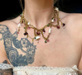 Garden of Eden Necklace – Jade, Tourmaline, Pearl, Rattlesnake Bone, Opalite, Pomegranate Charms – Draped Gold Chain – 15–17”