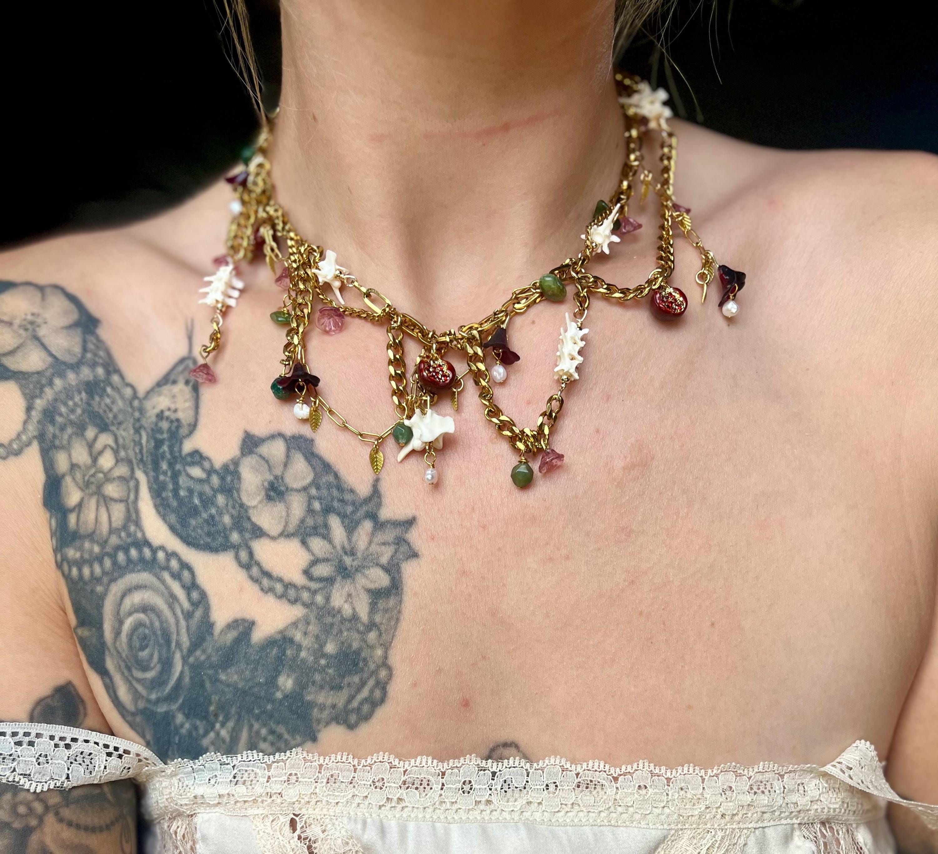 Garden of Eden Necklace – Jade, Tourmaline, Pearl, Rattlesnake Bone, Opalite, Pomegranate Charms – Draped Gold Chain – 15–17”