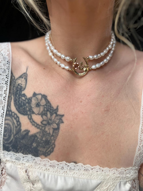 Antique Horseshoe Brooch Necklace with Double Strand Freshwater Pearls, 14–16”