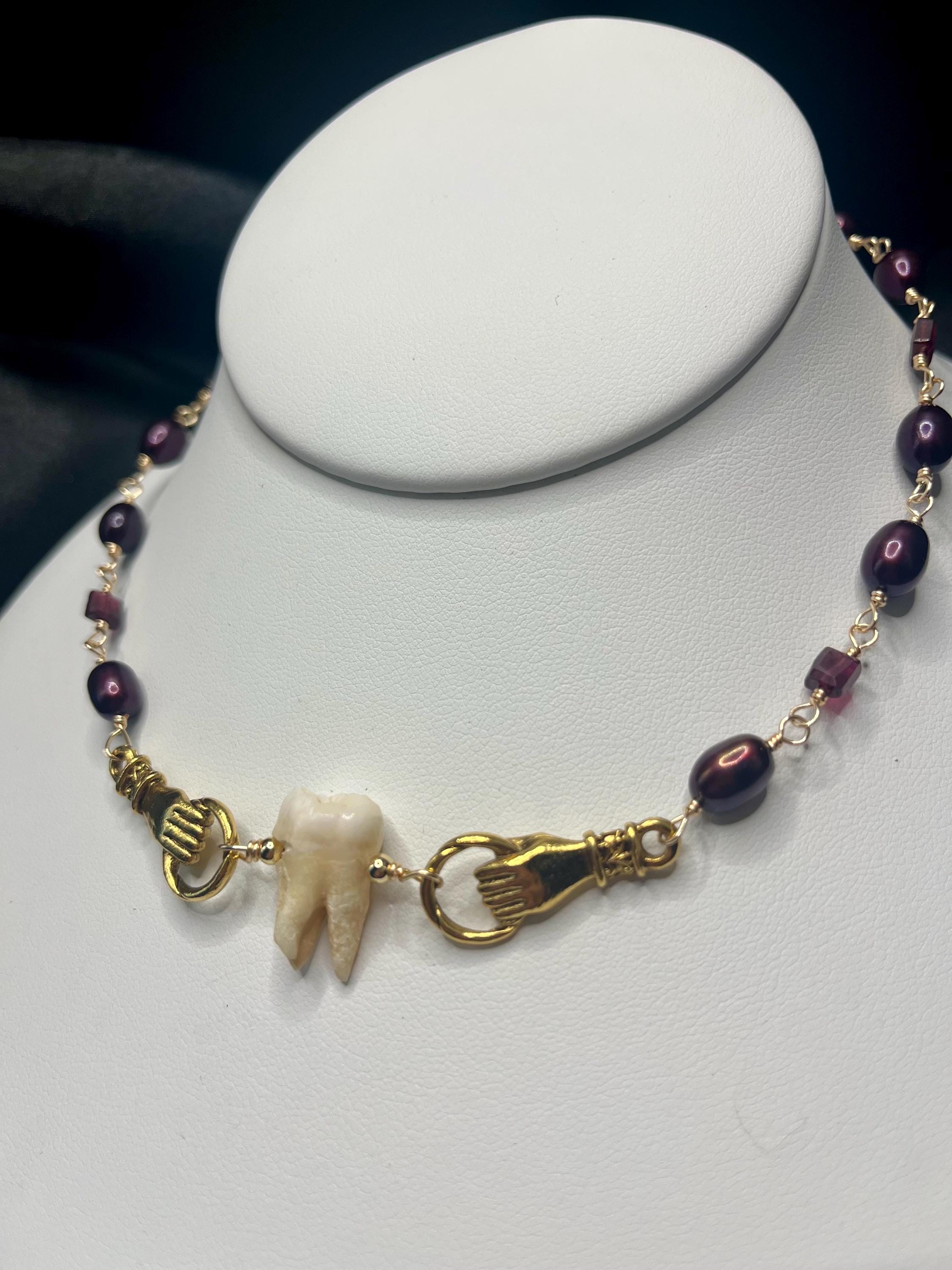 Freshwater Pearl & Garnet Necklace with Human Molar | Adjustable length | 14”-16”