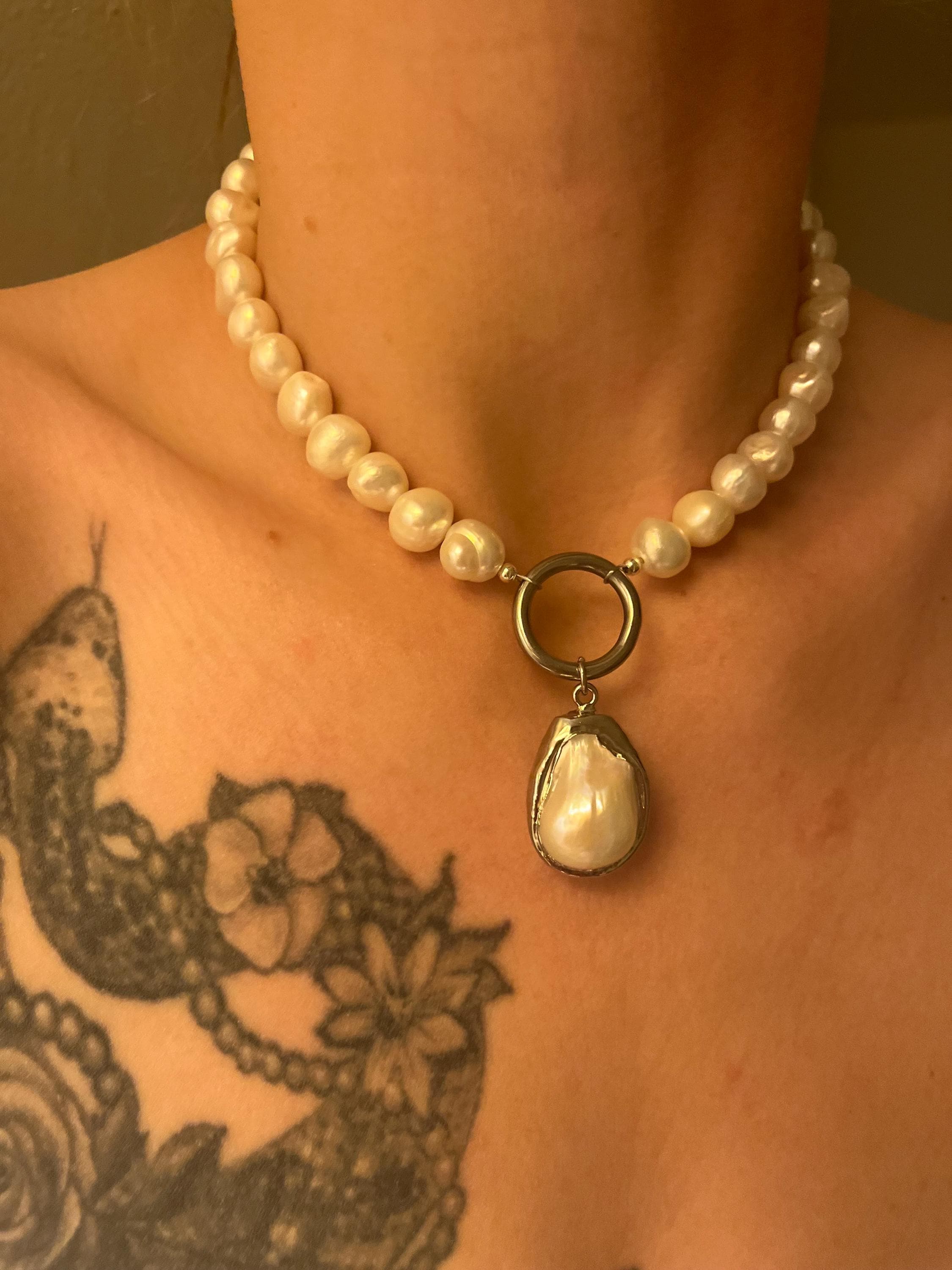 Freshwater Pearl Necklace with Stainless Steel Hoop and Baroque Pearl Drop