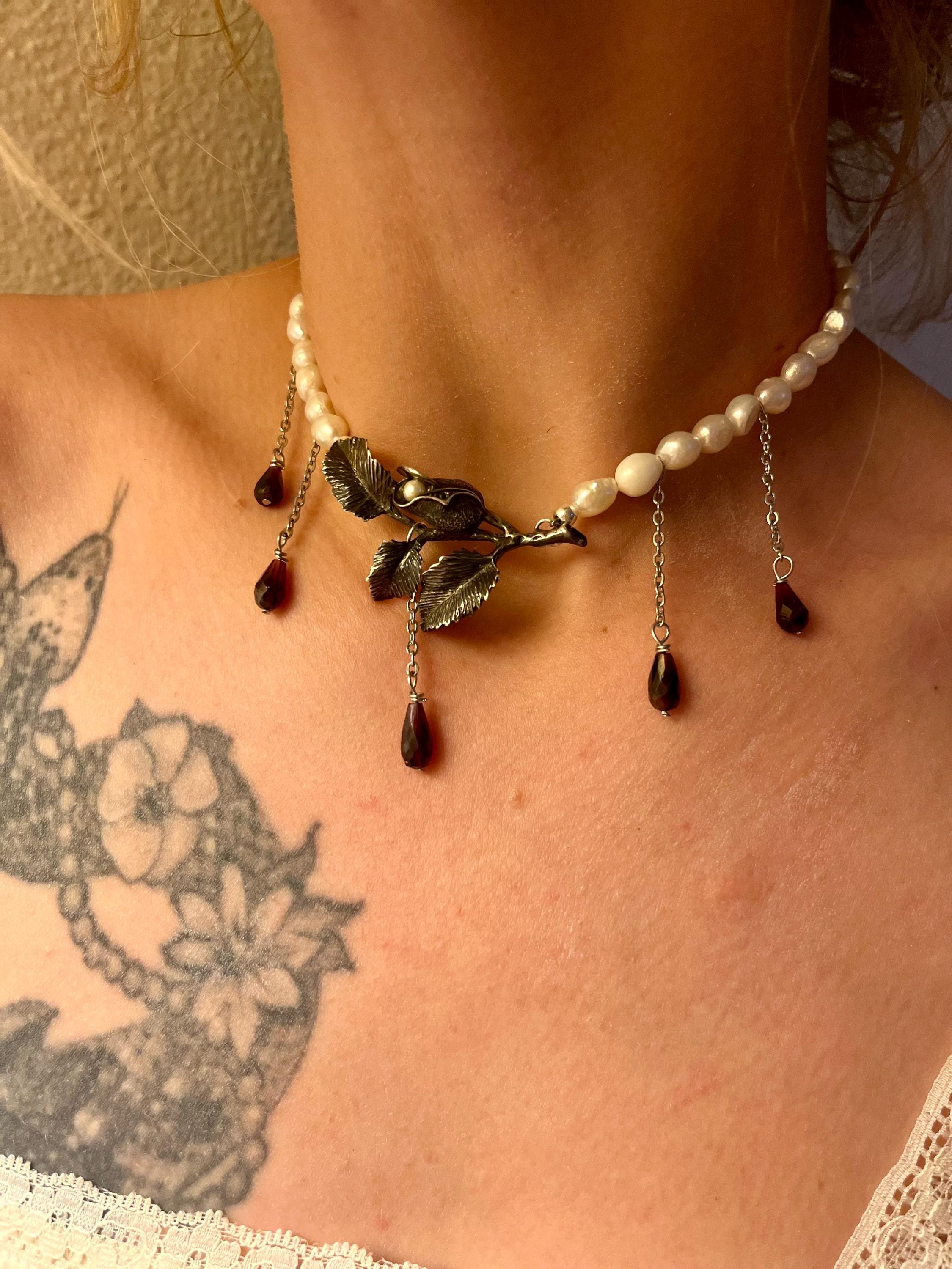 Antique Sterling Flower Brooch, Freshwater Pearl & Garnet Choker Necklace – 13.5–15”