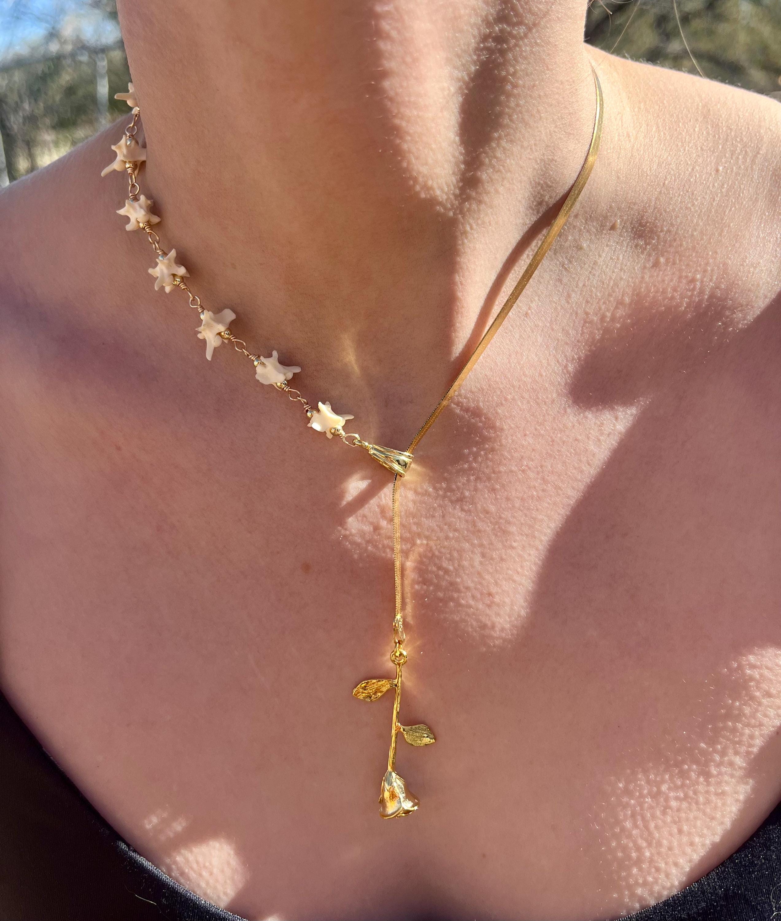 Rose Bone Lariat Necklace | Gold Plated Sterling Herringbone Chain | Rattlesnake Vertebrae | 19”