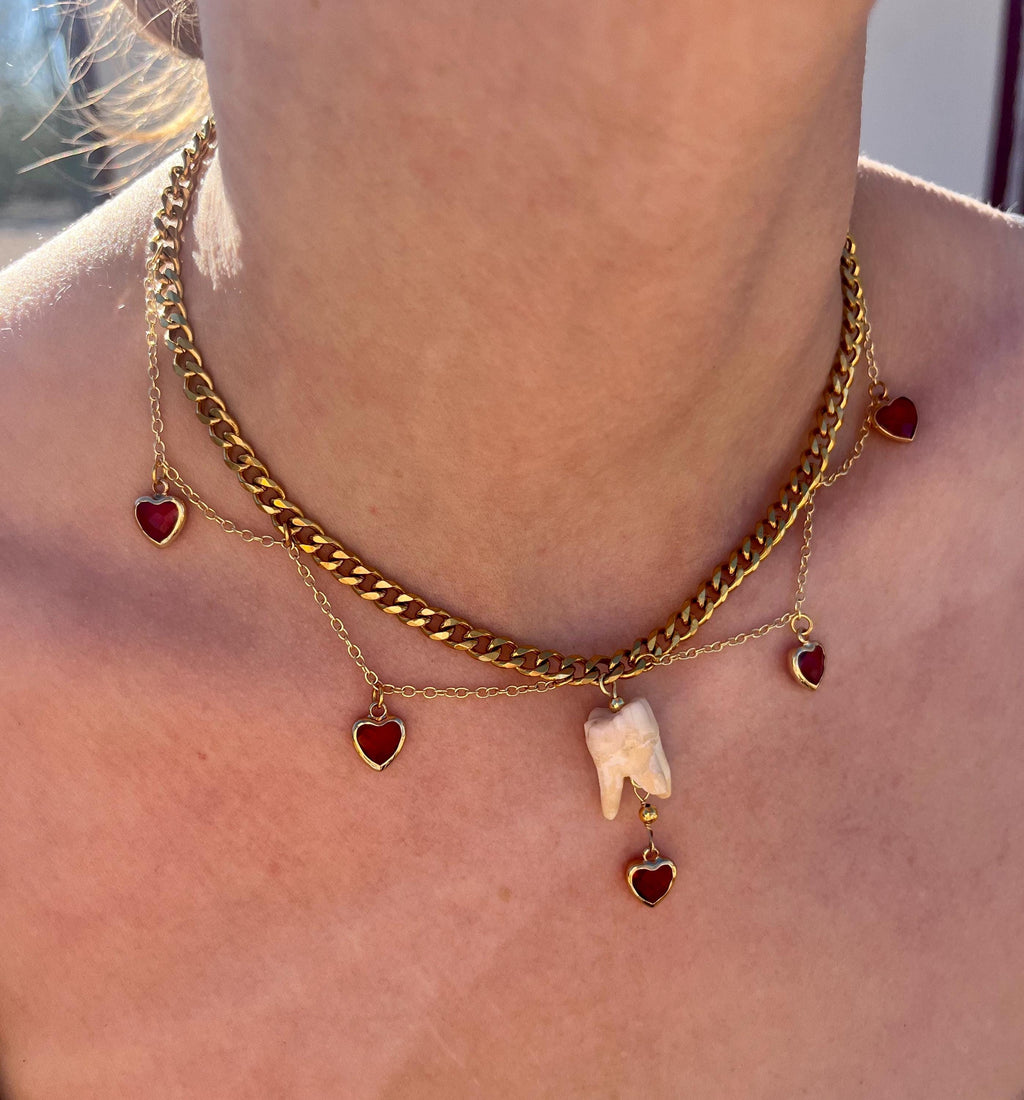 Human Tooth Necklace | Gold Plated Chain | Red Crystal Heart Charms | 16”