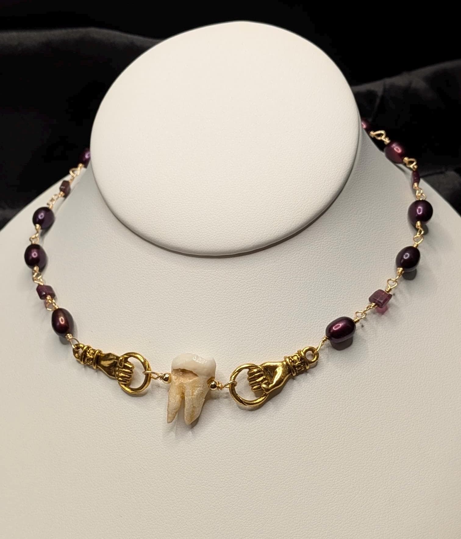 Freshwater Pearl & Garnet Necklace with Human Molar | Adjustable length | 14”-16”