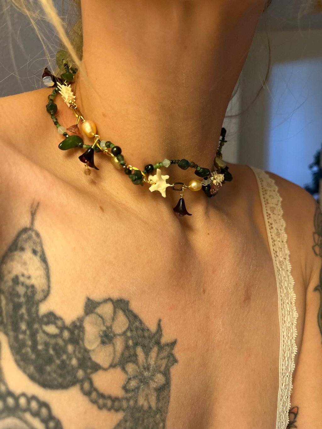 Garden of Eden Necklace – Jade, Tourmaline, Freshwater Pearl, Rattlesnake Bone, Opalite, Glass & Acrylic Flowers – 14–16”