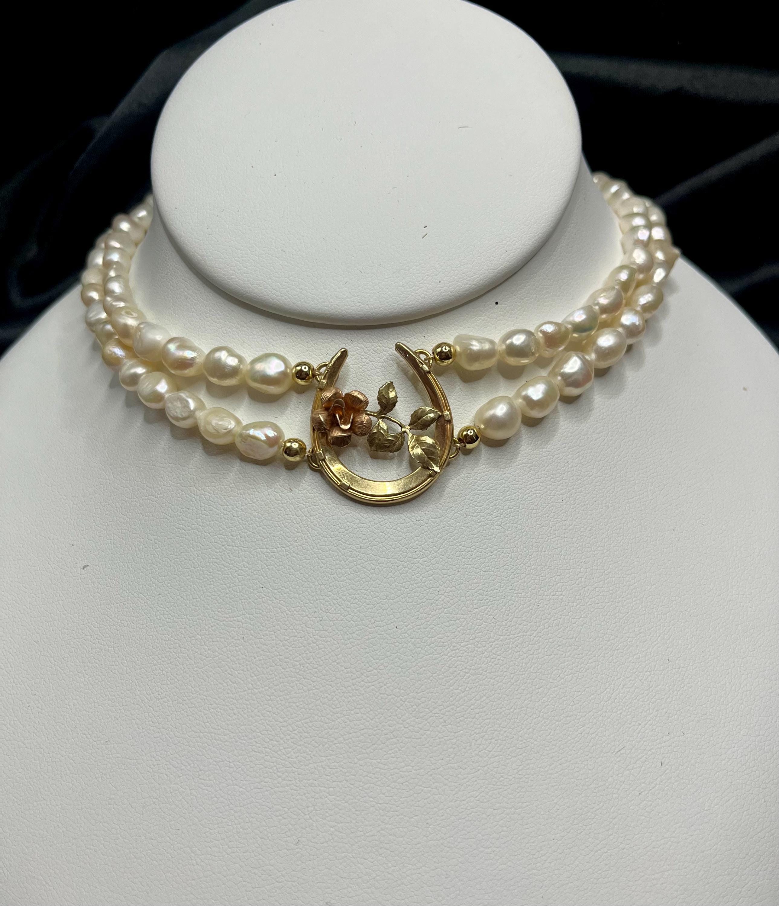 Antique Horseshoe Brooch Necklace with Double Strand Freshwater Pearls, 14–16”