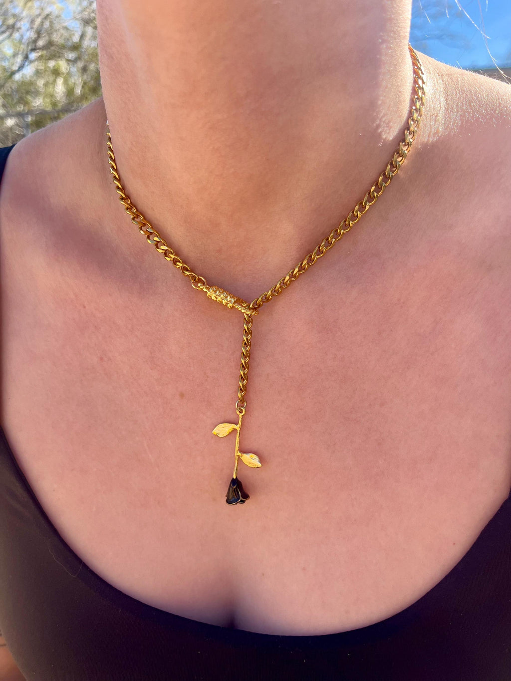 Rose Lariat Necklace | Gold Plated Cuban Chain | Rope Lariat Drop | 18”