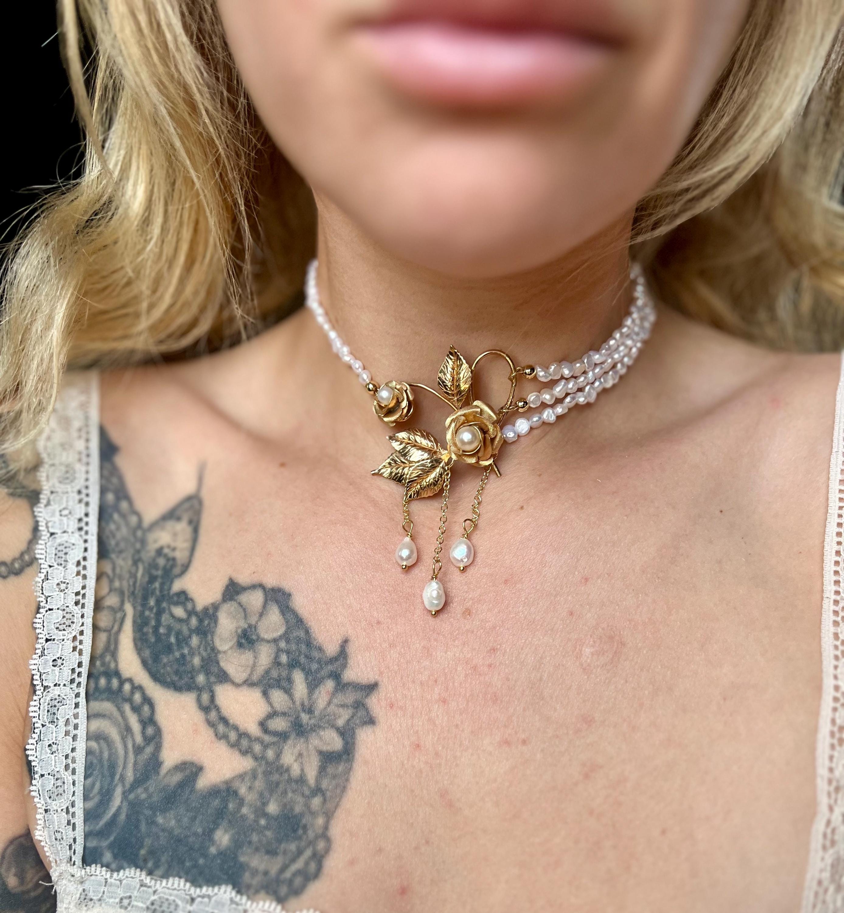 Antique Gold Filled Brooch Necklace with Freshwater Pearl Multi-Strand Choker, 13–15”