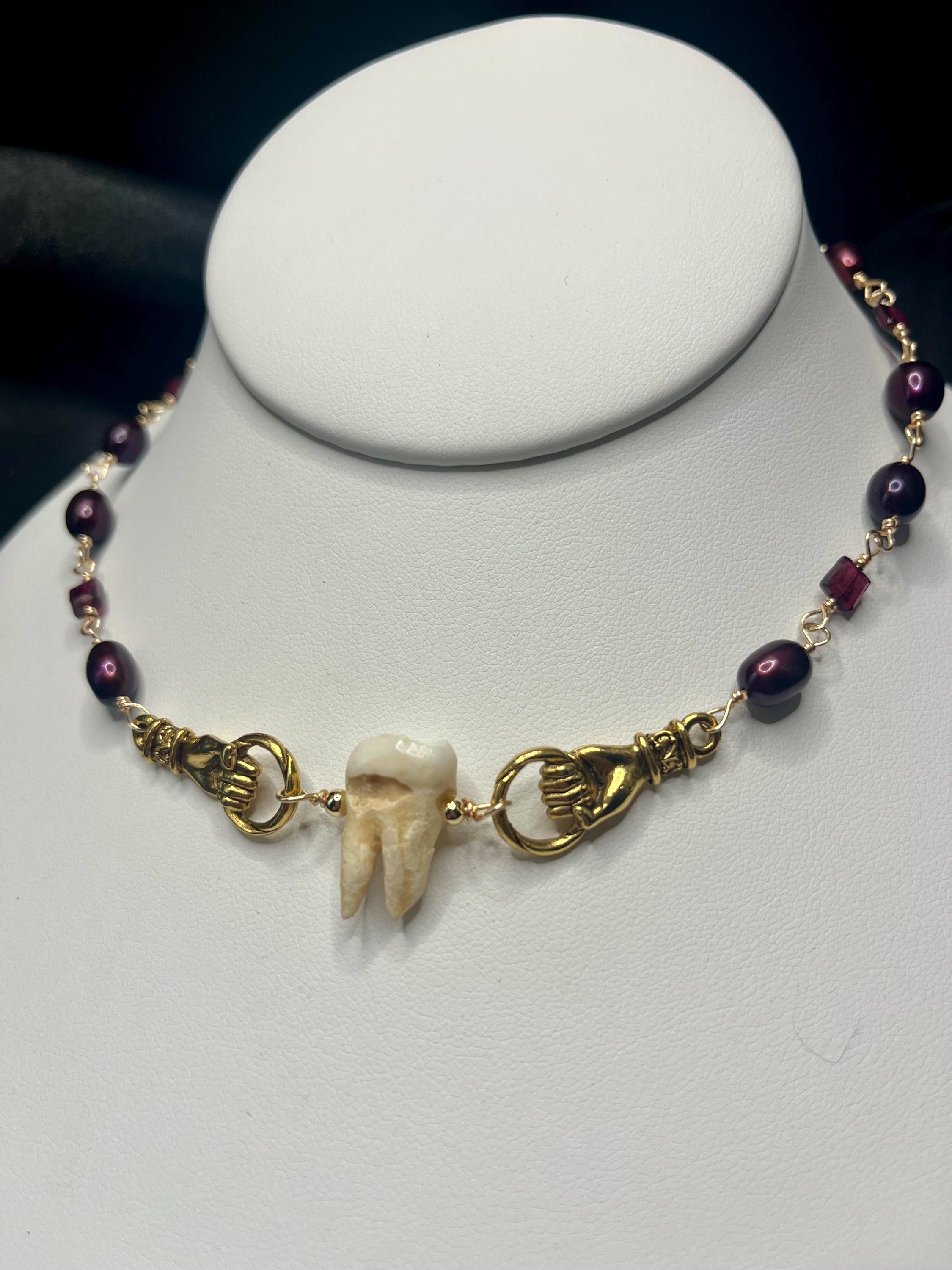 Freshwater Pearl & Garnet Necklace with Human Molar | Adjustable length | 14”-16”