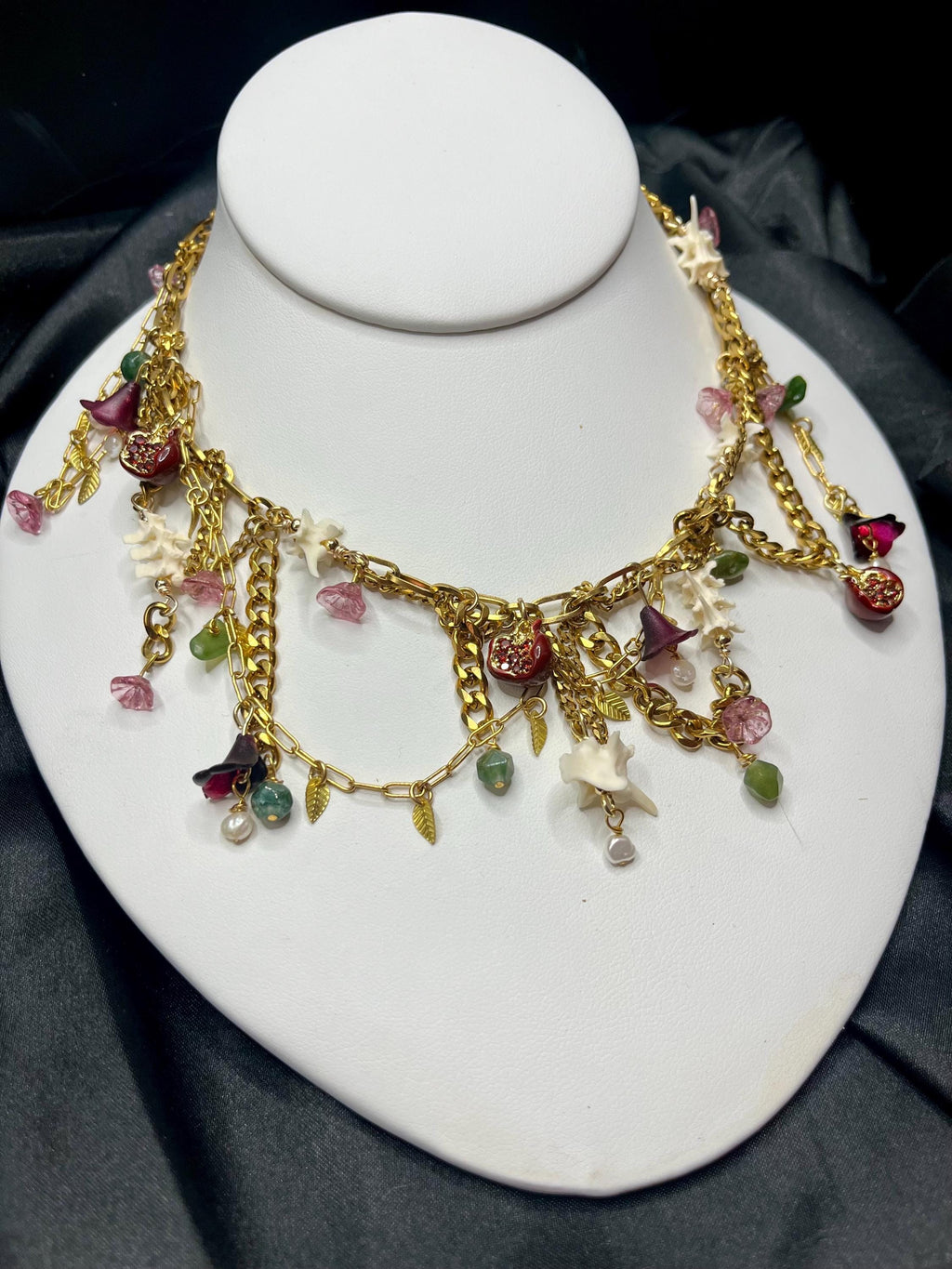 Garden of Eden Necklace – Jade, Tourmaline, Pearl, Rattlesnake Bone, Opalite, Pomegranate Charms – Draped Gold Chain – 15–17”