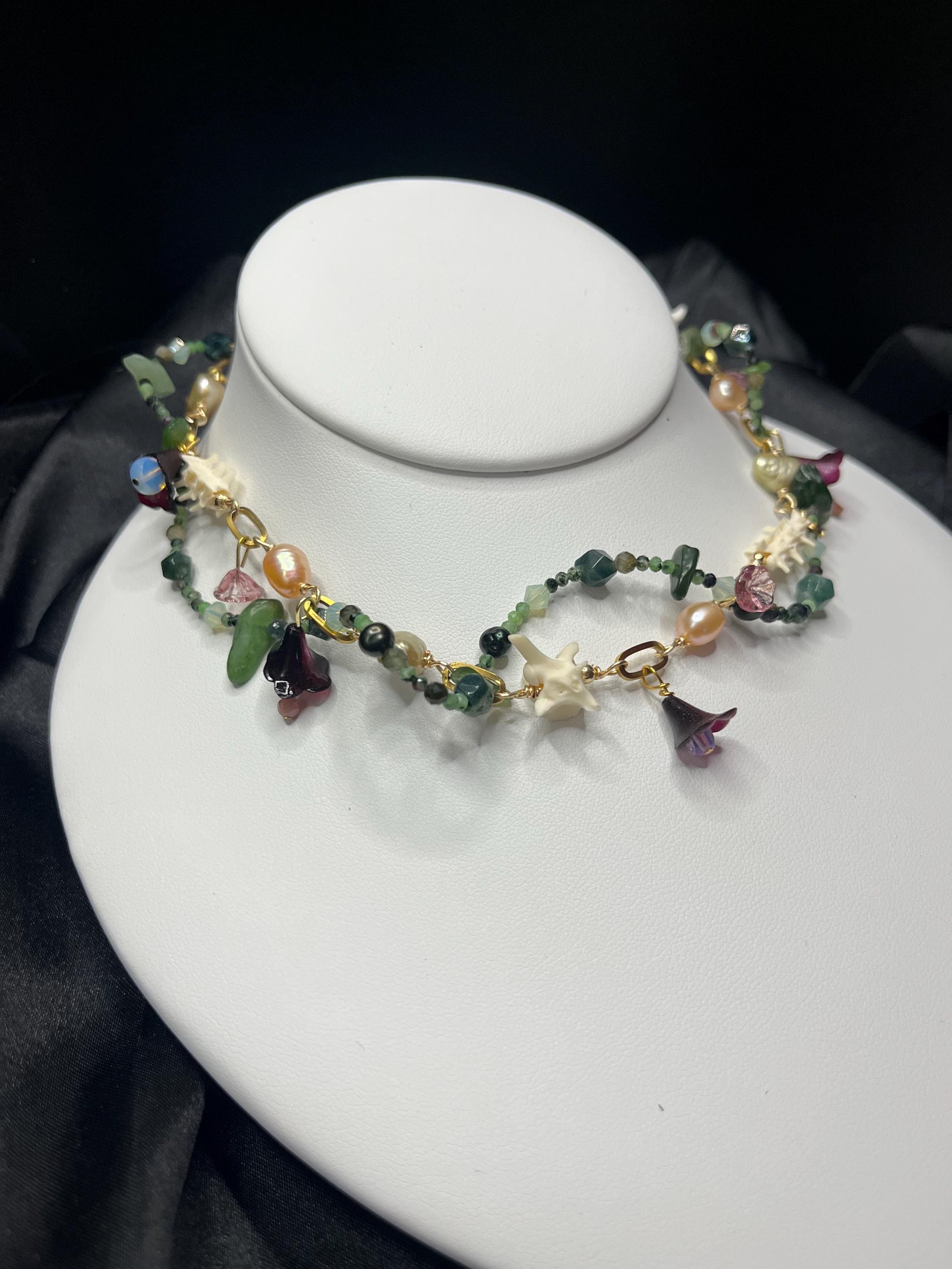 Garden of Eden Necklace – Jade, Tourmaline, Freshwater Pearl, Rattlesnake Bone, Opalite, Glass & Acrylic Flowers – 14–16”