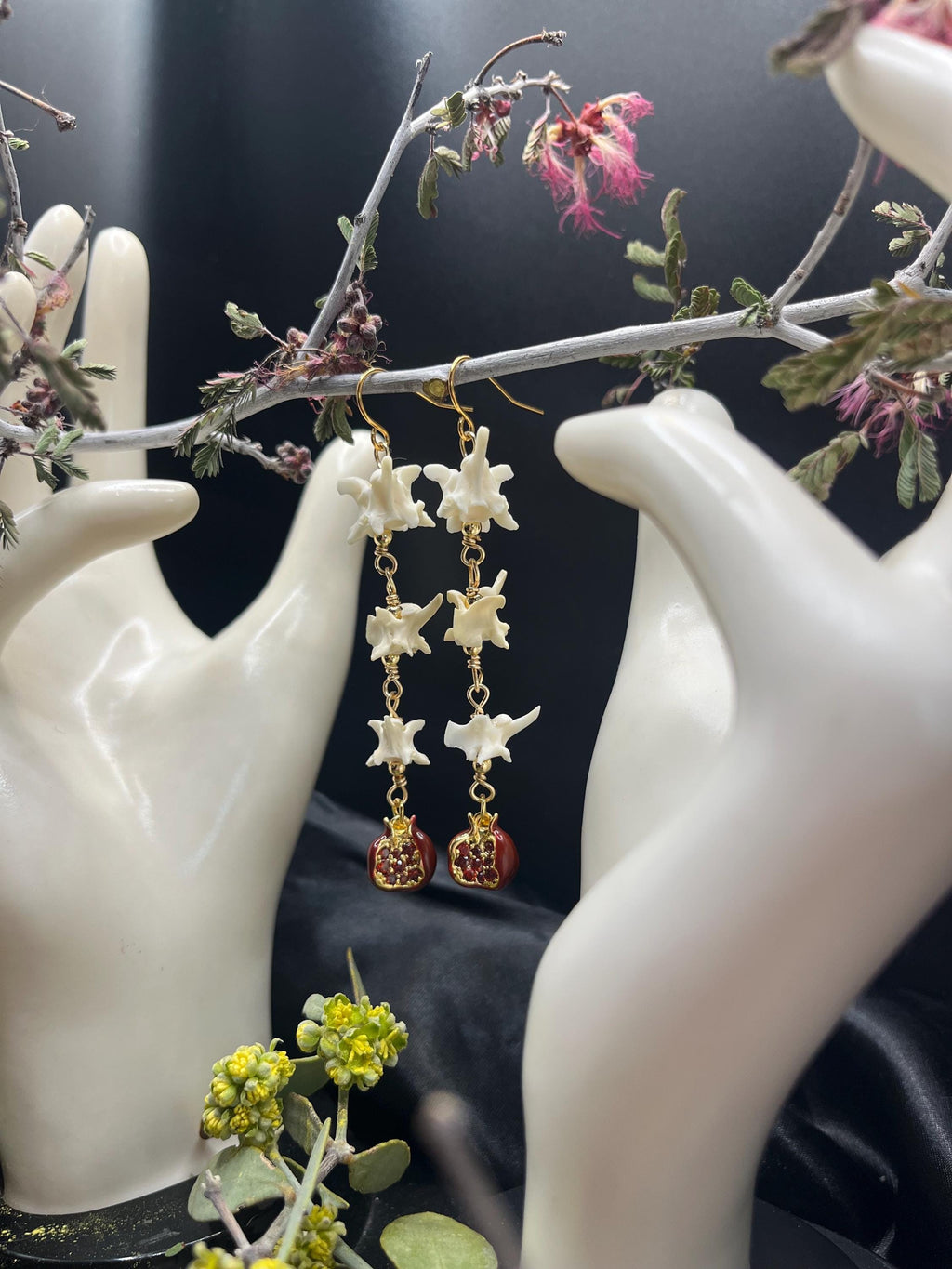 Garden of Eden Rattlesnake Vertebrae & Pomegranate Earrings, 3”