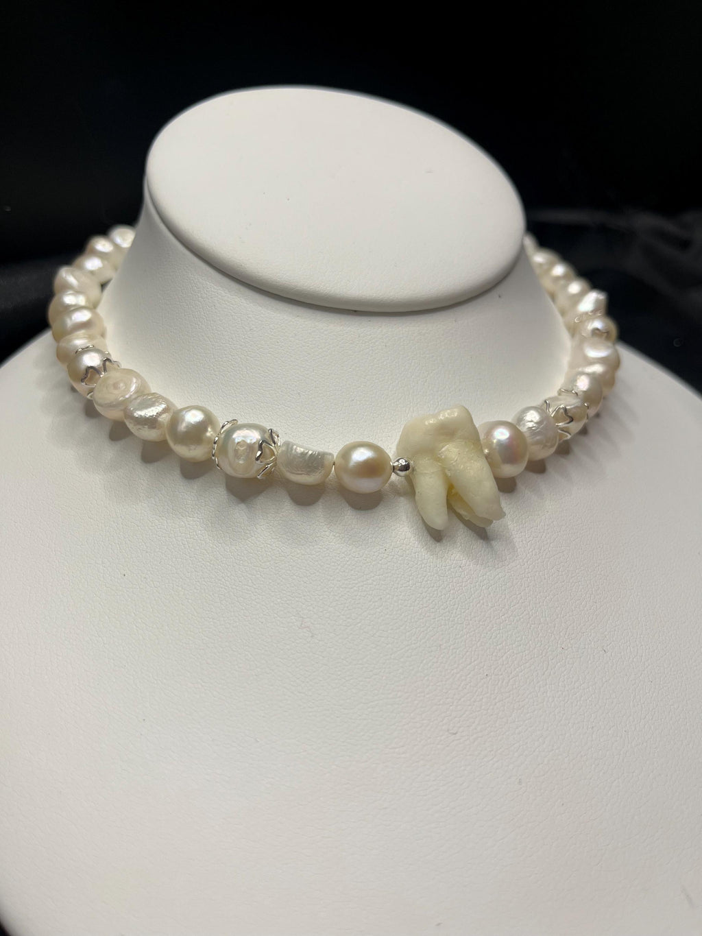 White Freshwater Pearl Necklace with Human Tooth and Sterling Silver, 14–15.25”