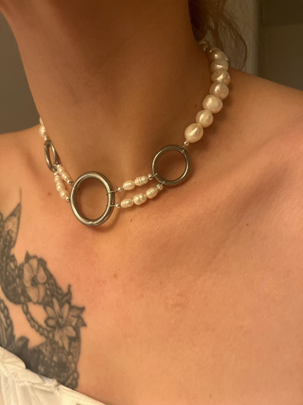 Freshwater Pearl Choker Necklace with Stainless Steel Hoops | Adjustable 14.5–16.5”