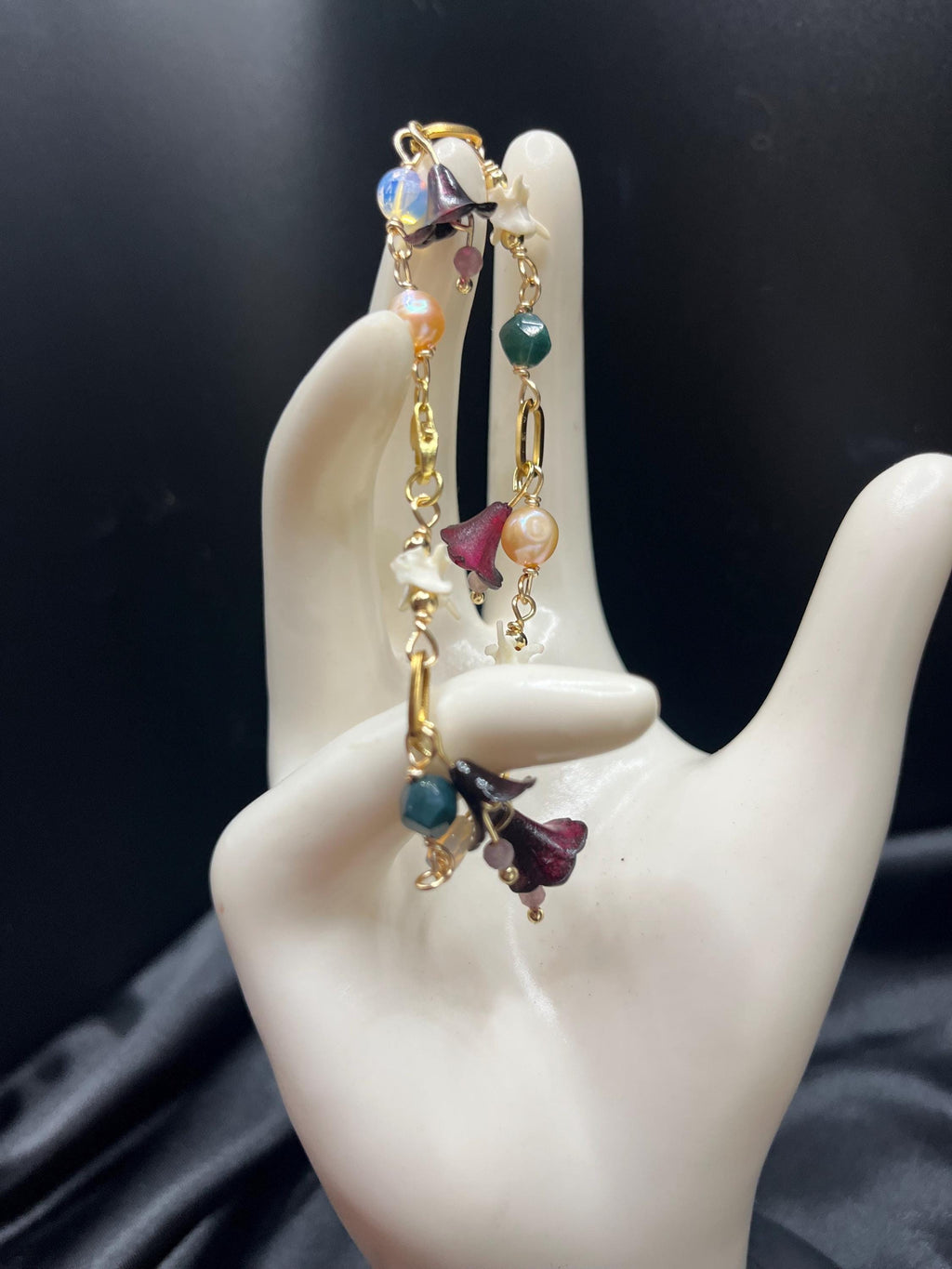 Garden of Eden Charm Bracelet – Pearl, Rattlesnake Vertebrae, Jade, Opalite & Acrylic Flowers