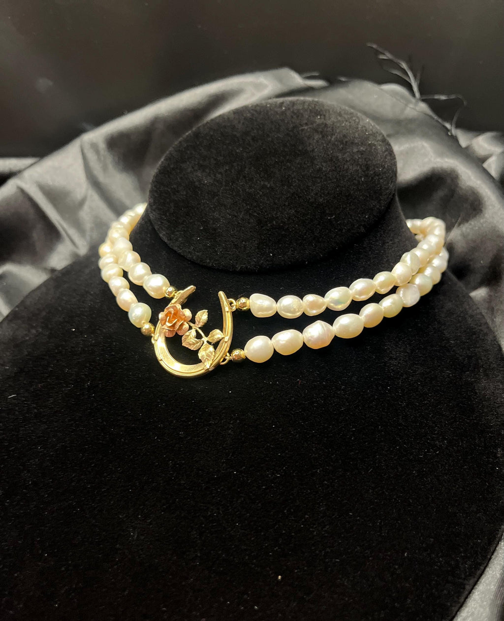 Antique Horseshoe Brooch Necklace with Double Strand Freshwater Pearls, 14–16”