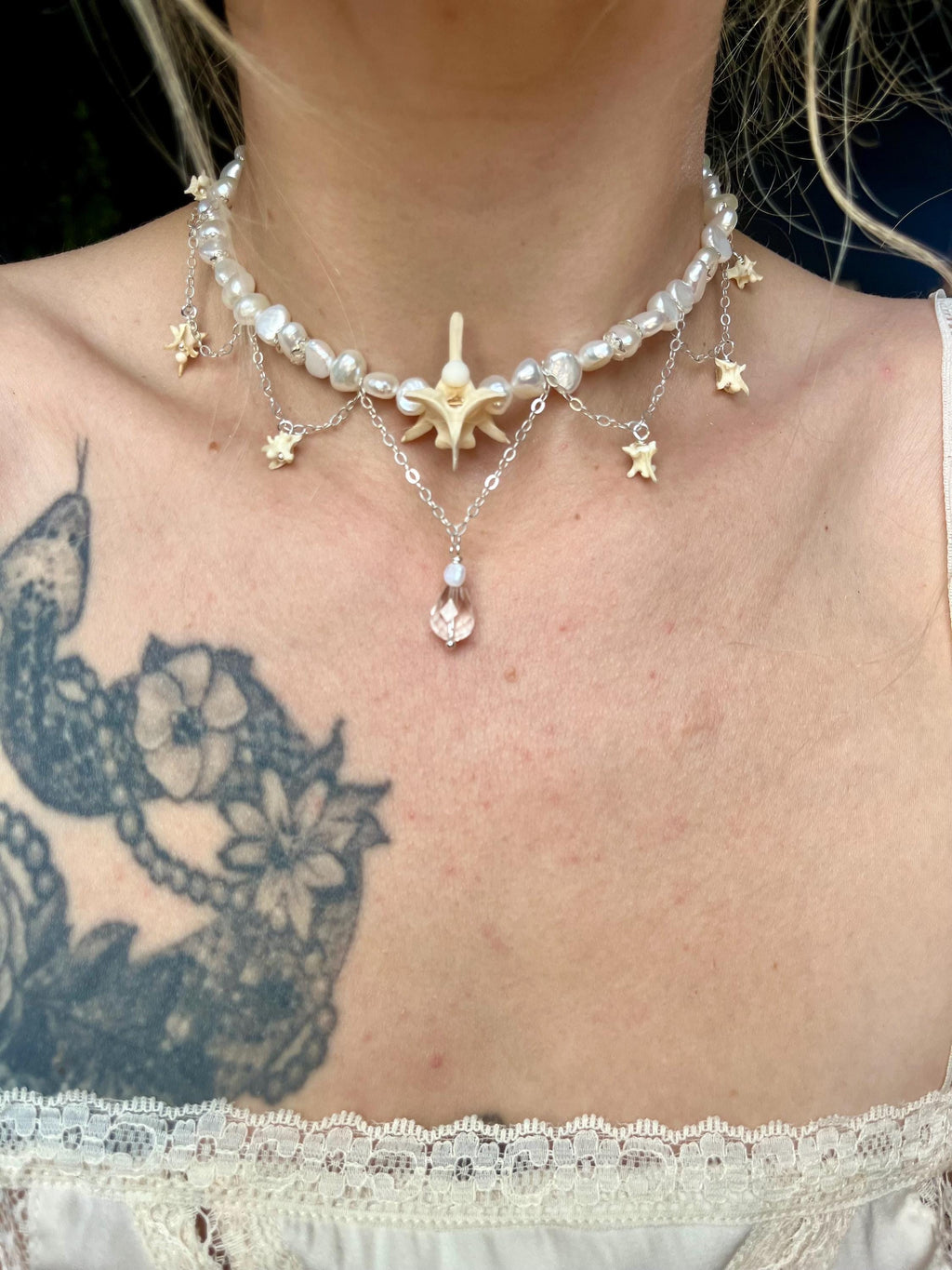 Freshwater Pearl & Rattlesnake Vertebrae Necklace – Sterling Silver Chain, Adjustable 13.75–15”