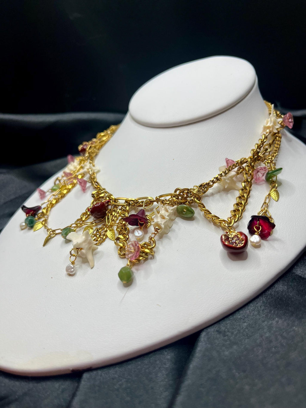 Garden of Eden Necklace – Jade, Tourmaline, Pearl, Rattlesnake Bone, Opalite, Pomegranate Charms – Draped Gold Chain – 15–17”