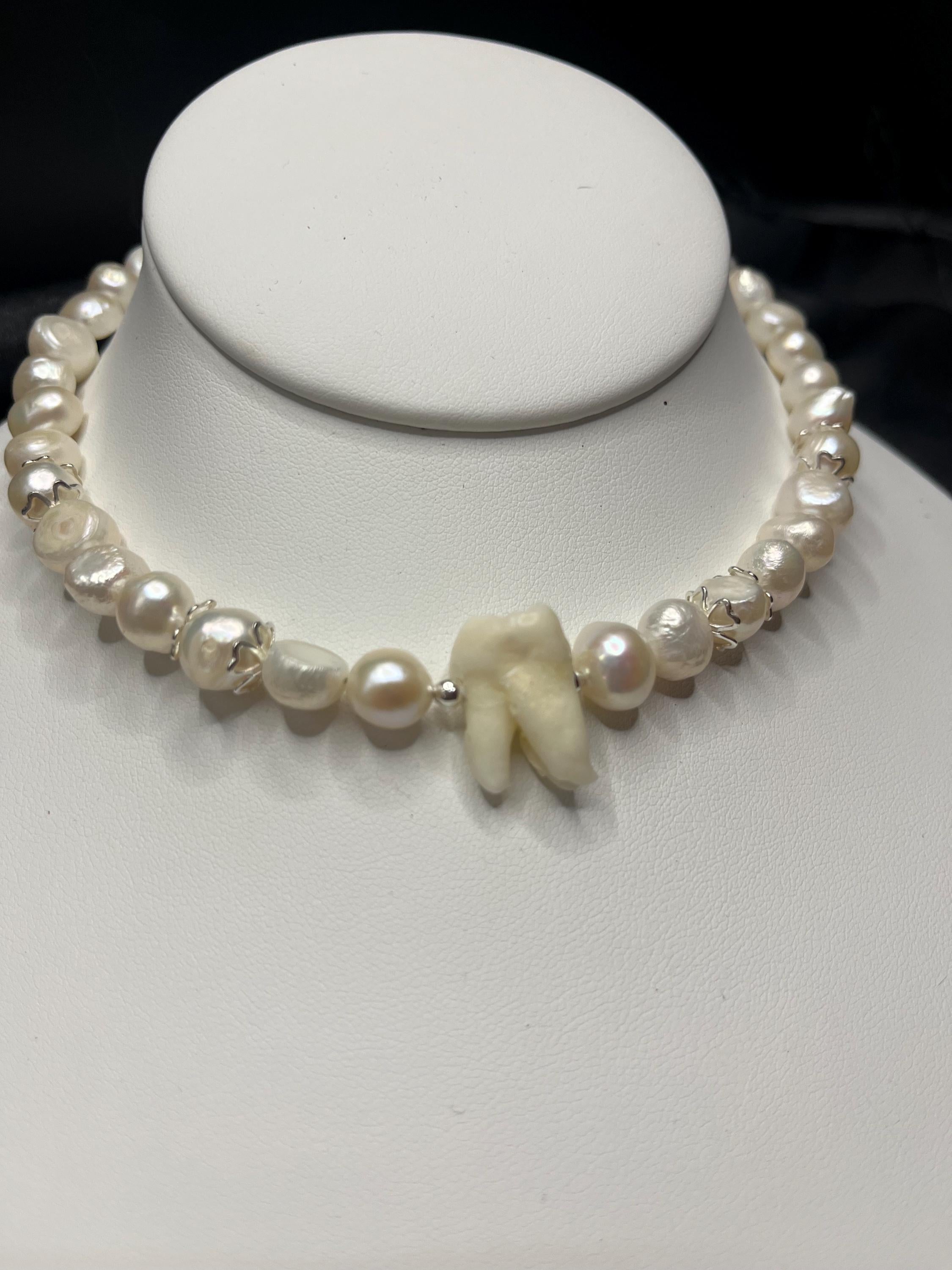 White Freshwater Pearl Necklace with Human Tooth and Sterling Silver, 14–15.25”