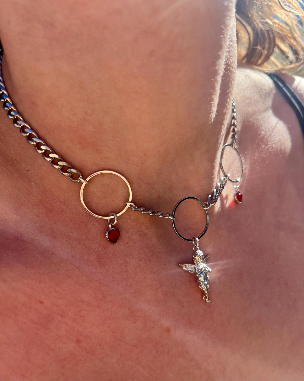 Angel Necklace | Stainless Steel or Gold Plate Curb Chain | Rhinestone Heart Charms | 15”