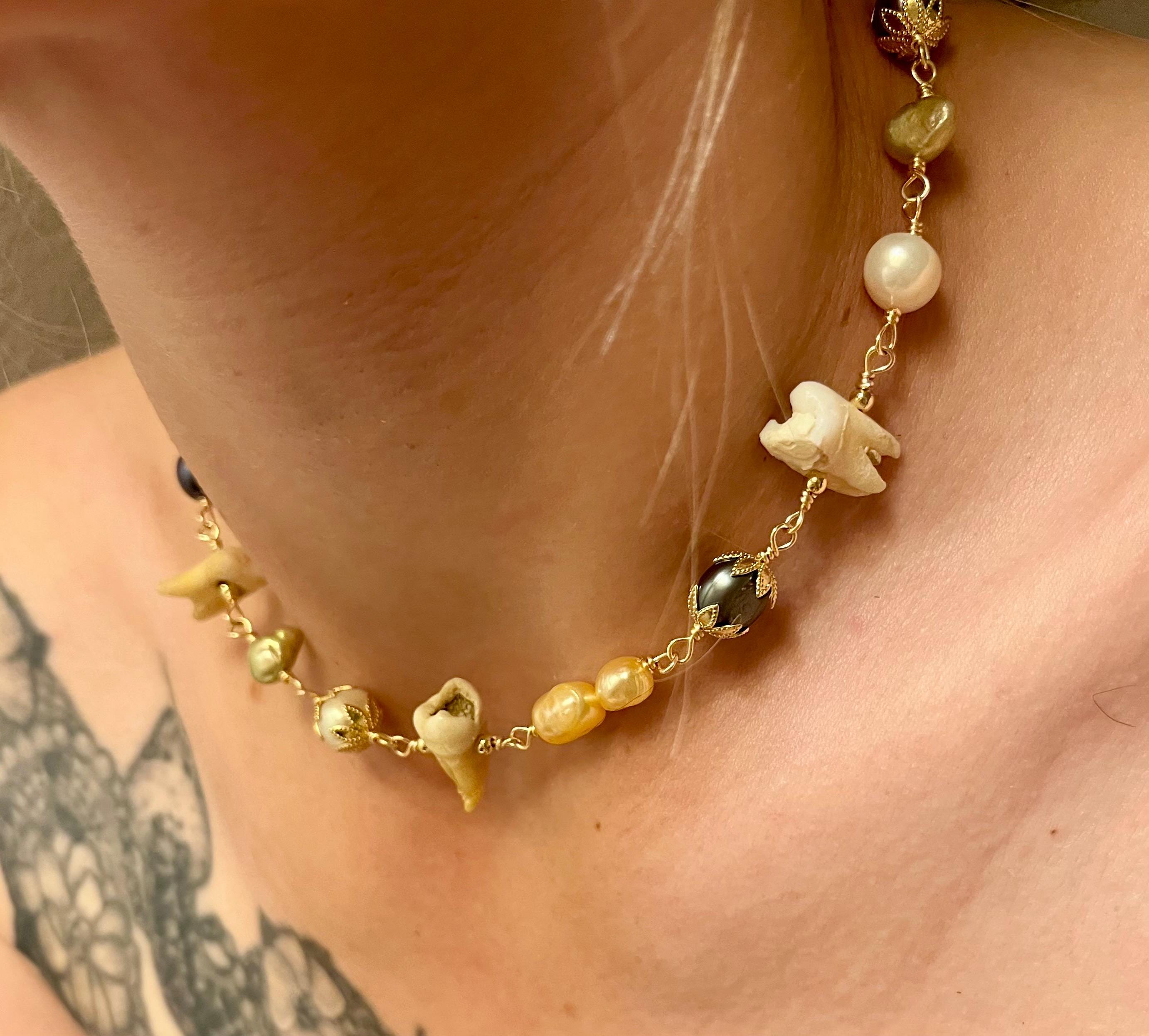 Mixed Freshwater Pearl Necklace with Three Human Teeth, 15”