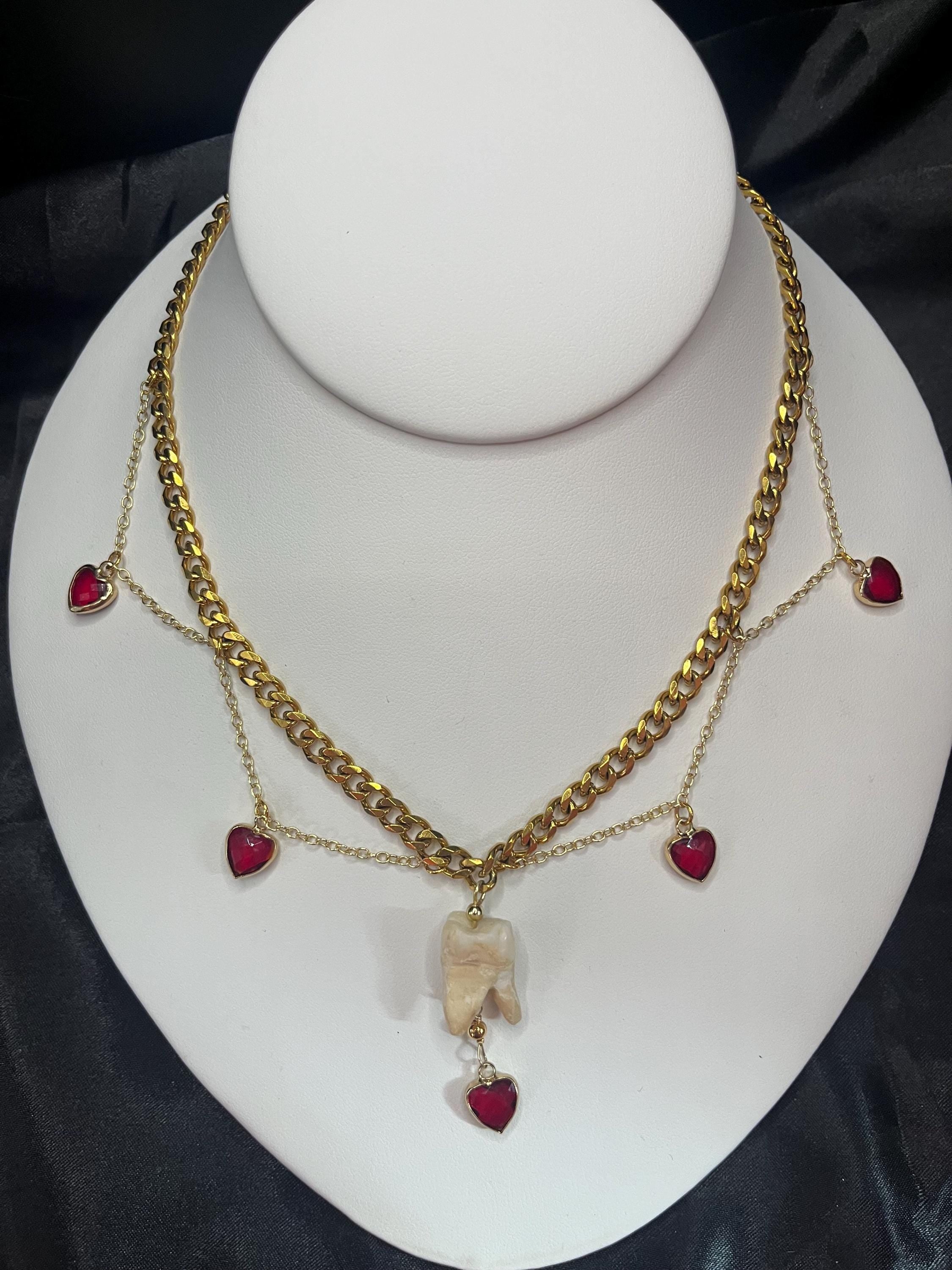 Human Tooth Necklace | Gold Plated Chain | Red Crystal Heart Charms | 16”